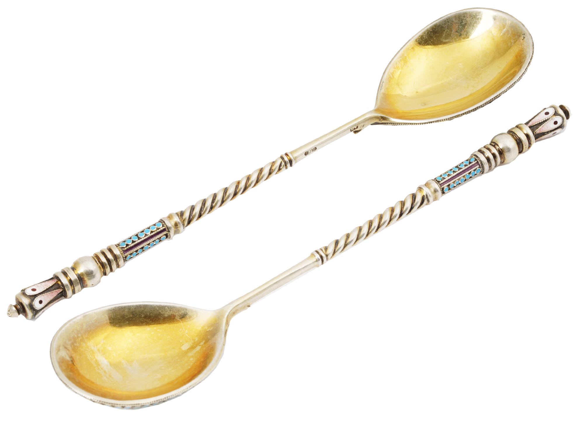 RUSSIAN GILT SILVER CLOISONNE ENAMEL TEA SPOONS PIC-1