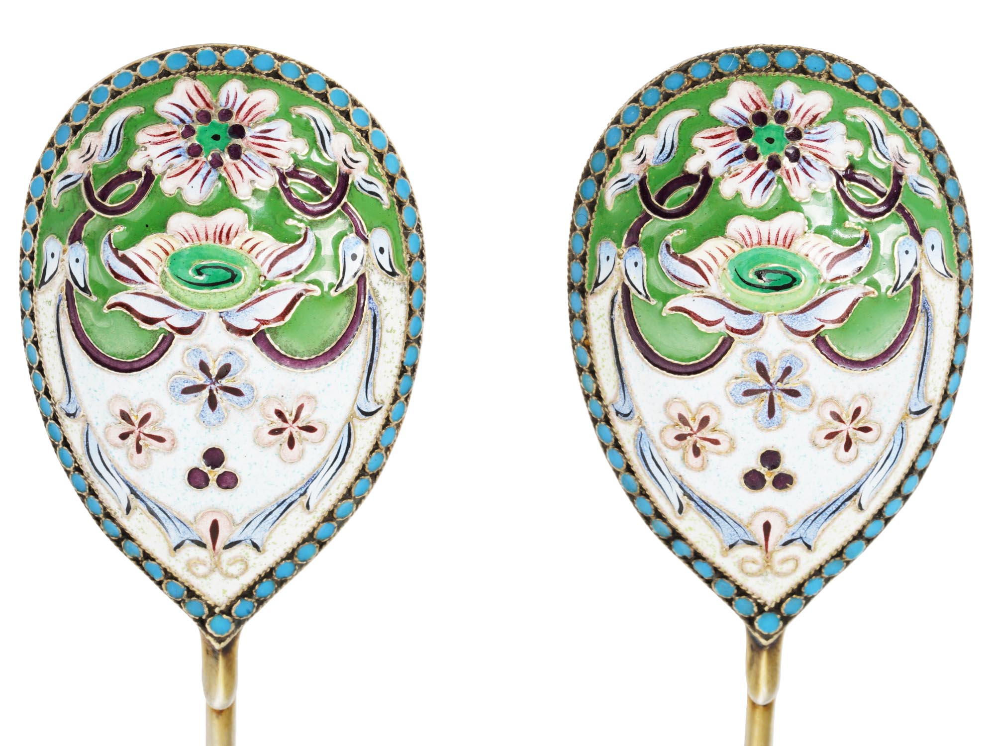 RUSSIAN GILT SILVER CLOISONNE ENAMEL TEA SPOONS PIC-2