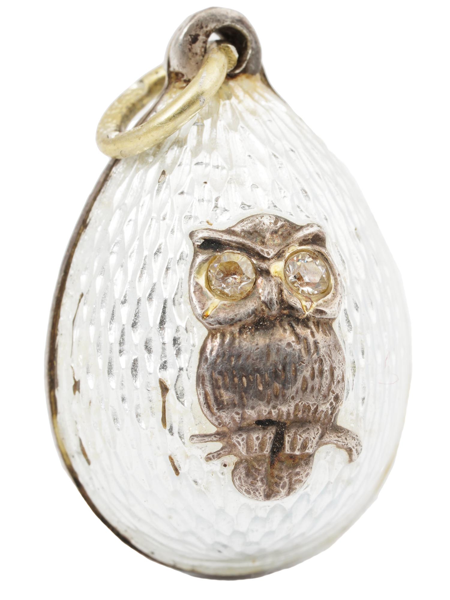 RUSSIAN 84 GILT SILVER AND ENAMEL OWL EGG PENDANT