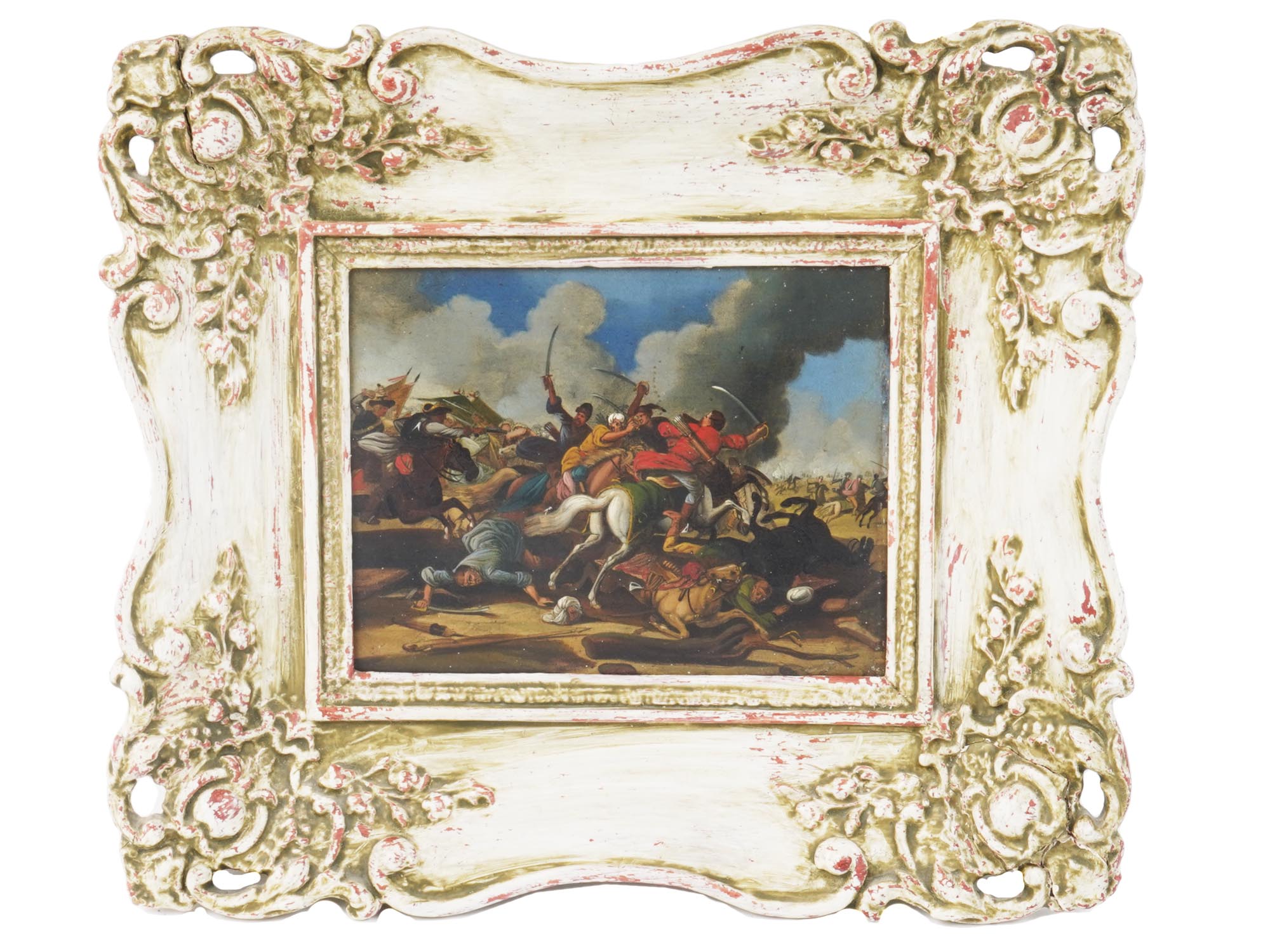 ANTIQUE 18TH C ORIENTAL BATTLE SCENE OIL PAINTING