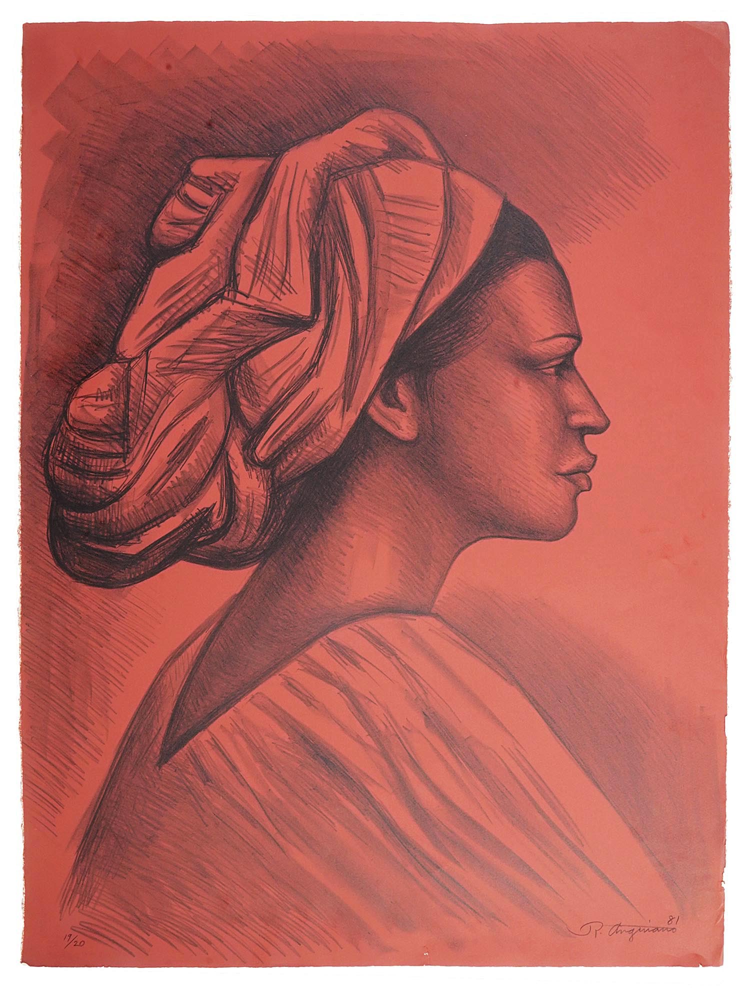 MEXICAN AFRO PORTRAIT LITHOGRAPH BY RAUL ANGUIANO PIC-0