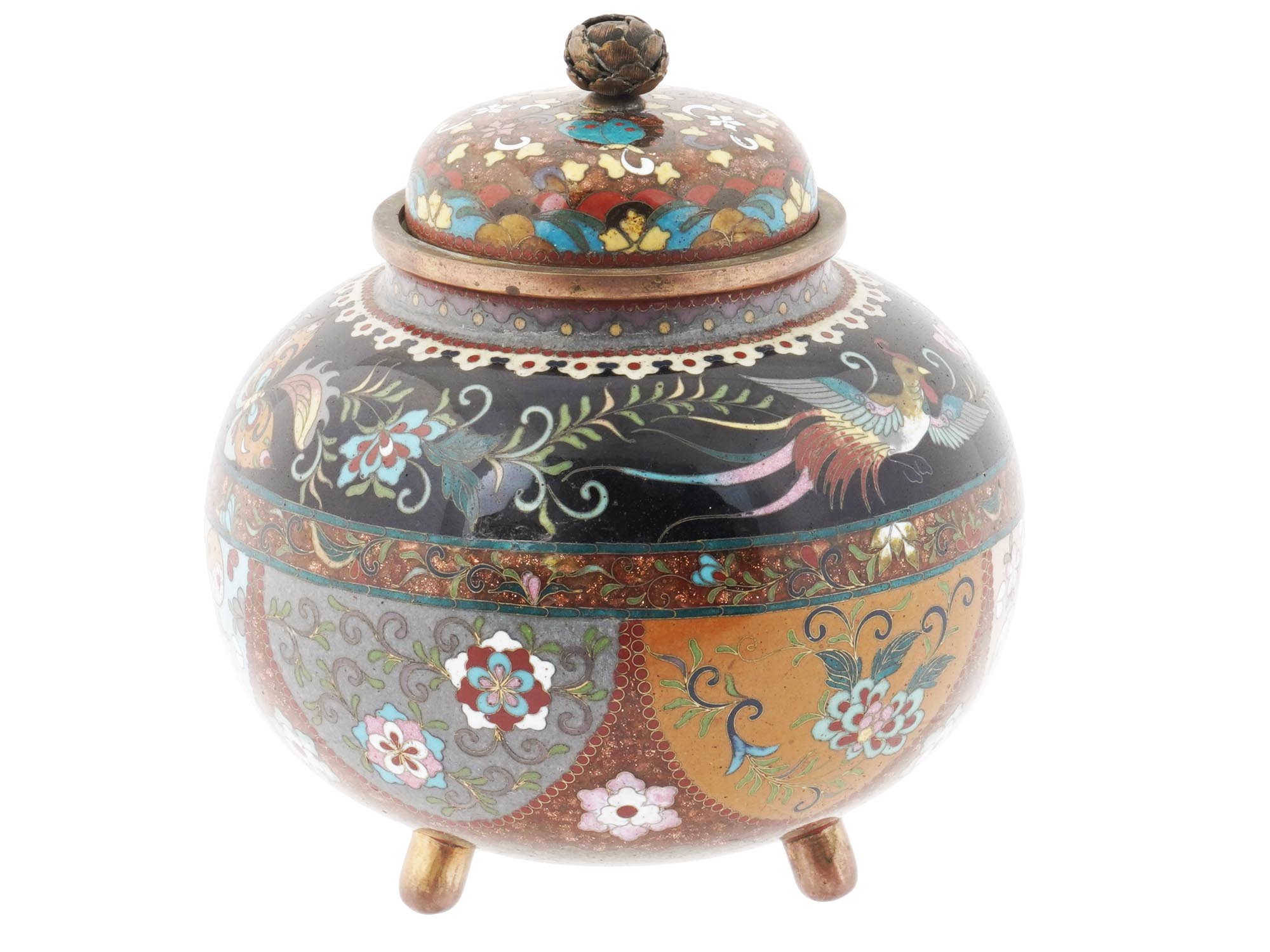 ANTIQUE JAPANESE CLOISONNE GOLD STONE COVERED JAR PIC-0