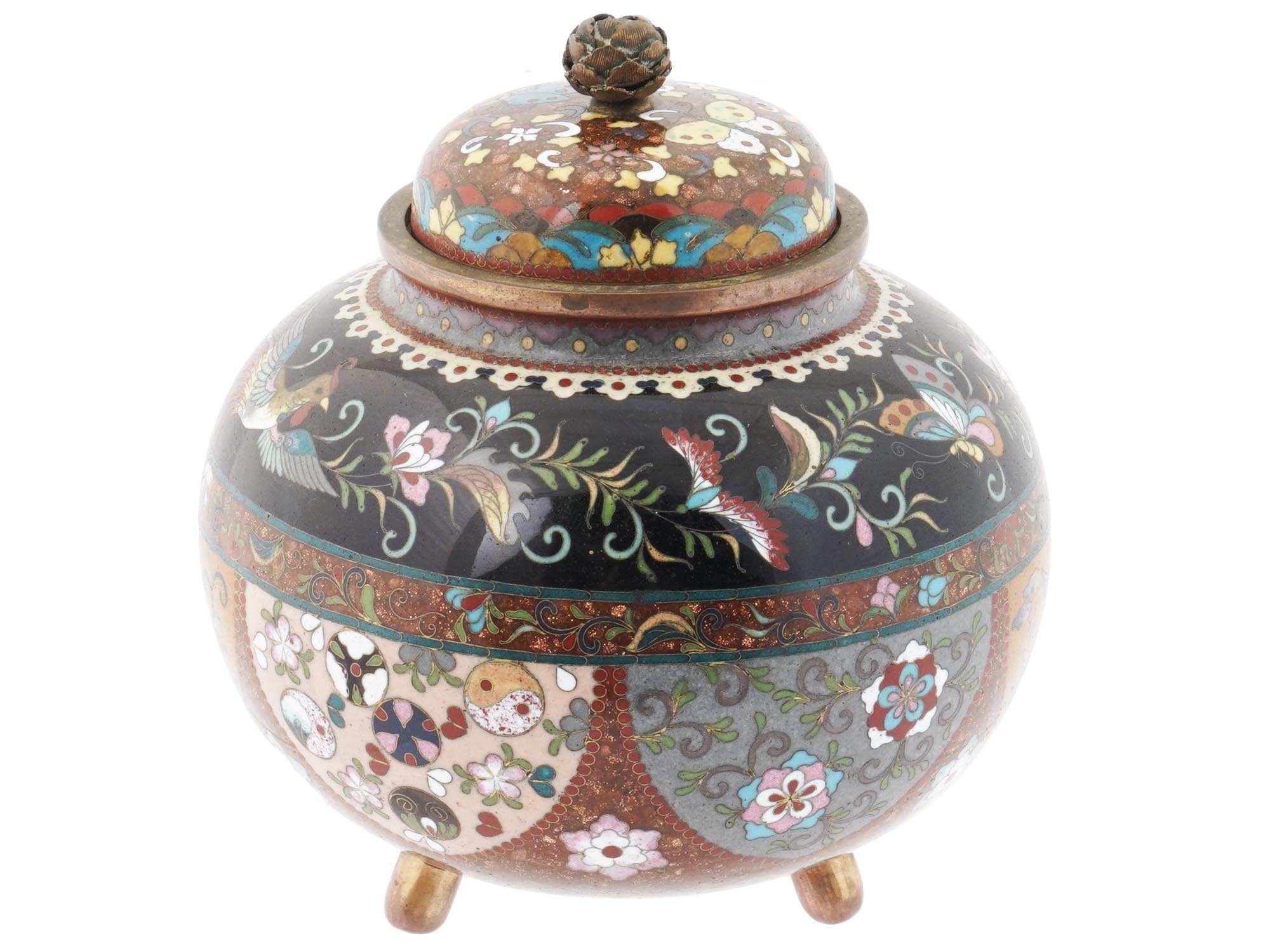 ANTIQUE JAPANESE CLOISONNE GOLD STONE COVERED JAR PIC-1