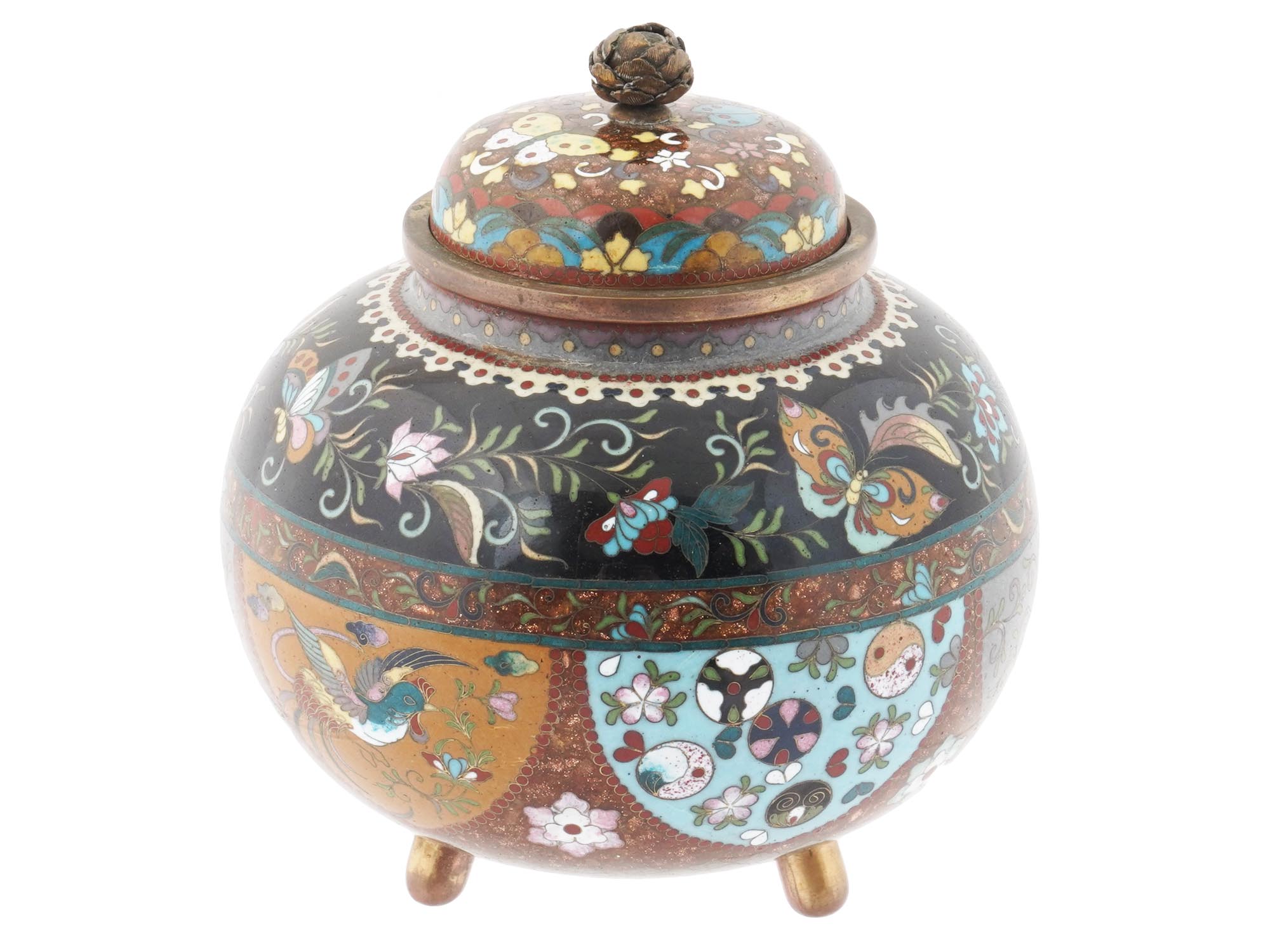 ANTIQUE JAPANESE CLOISONNE GOLD STONE COVERED JAR PIC-2
