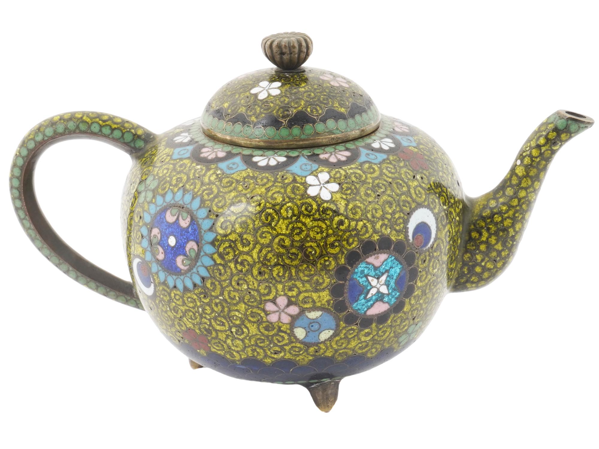 ANTIQUE JAPANESE GREEN CLOISONNE ENAMEL TEA POT PIC-0