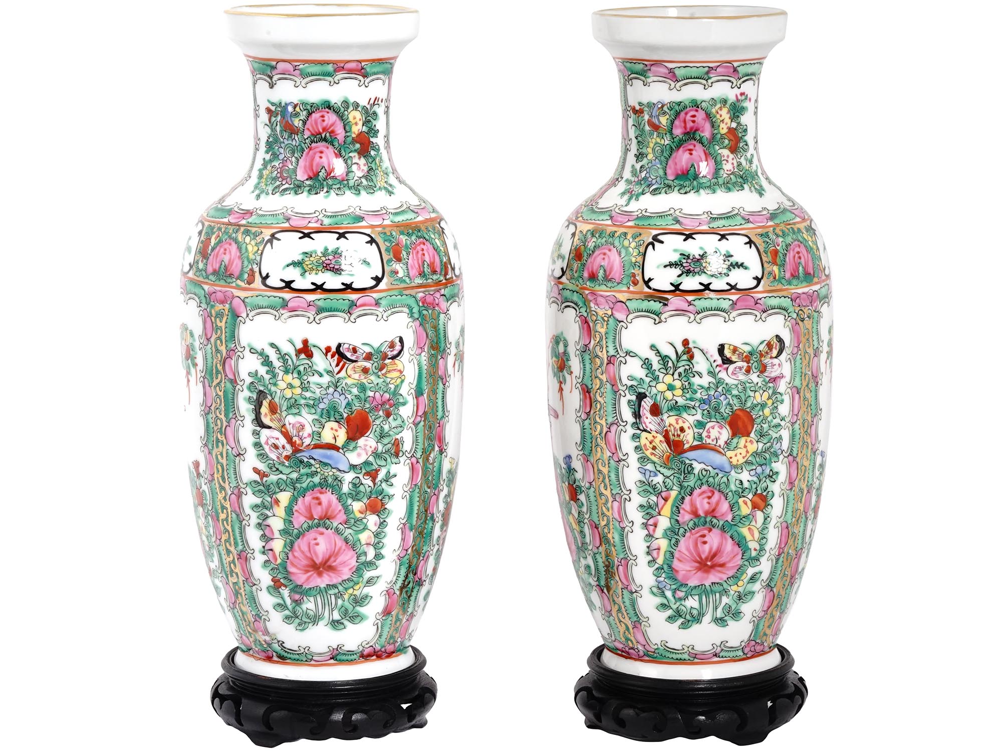 CHINESE FAMILLE ROSE PORCELAIN VASES WITH STANDS PIC-0