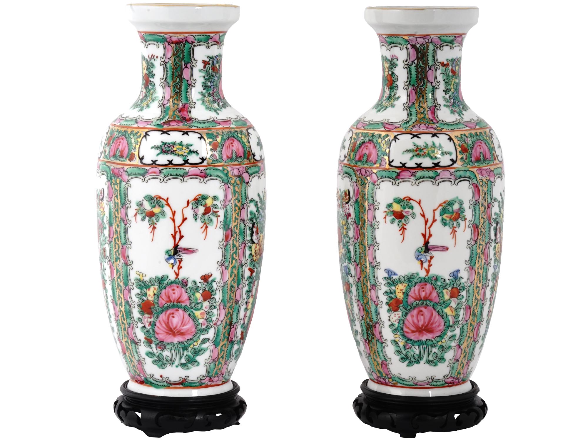 CHINESE FAMILLE ROSE PORCELAIN VASES WITH STANDS PIC-1