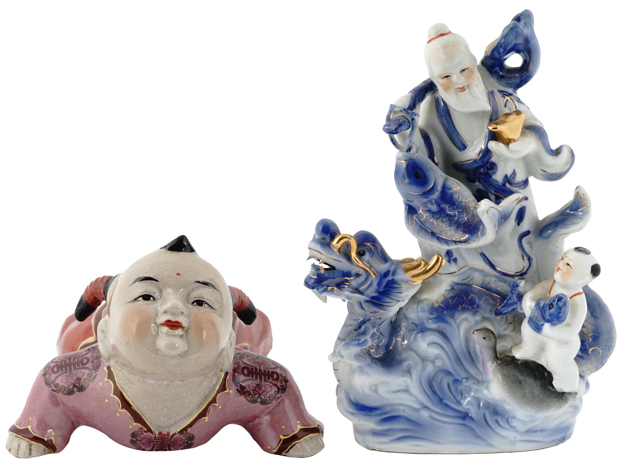 CHINESE BOYS GLAZED PORCELAIN CHINESE FIGURINES PIC-1