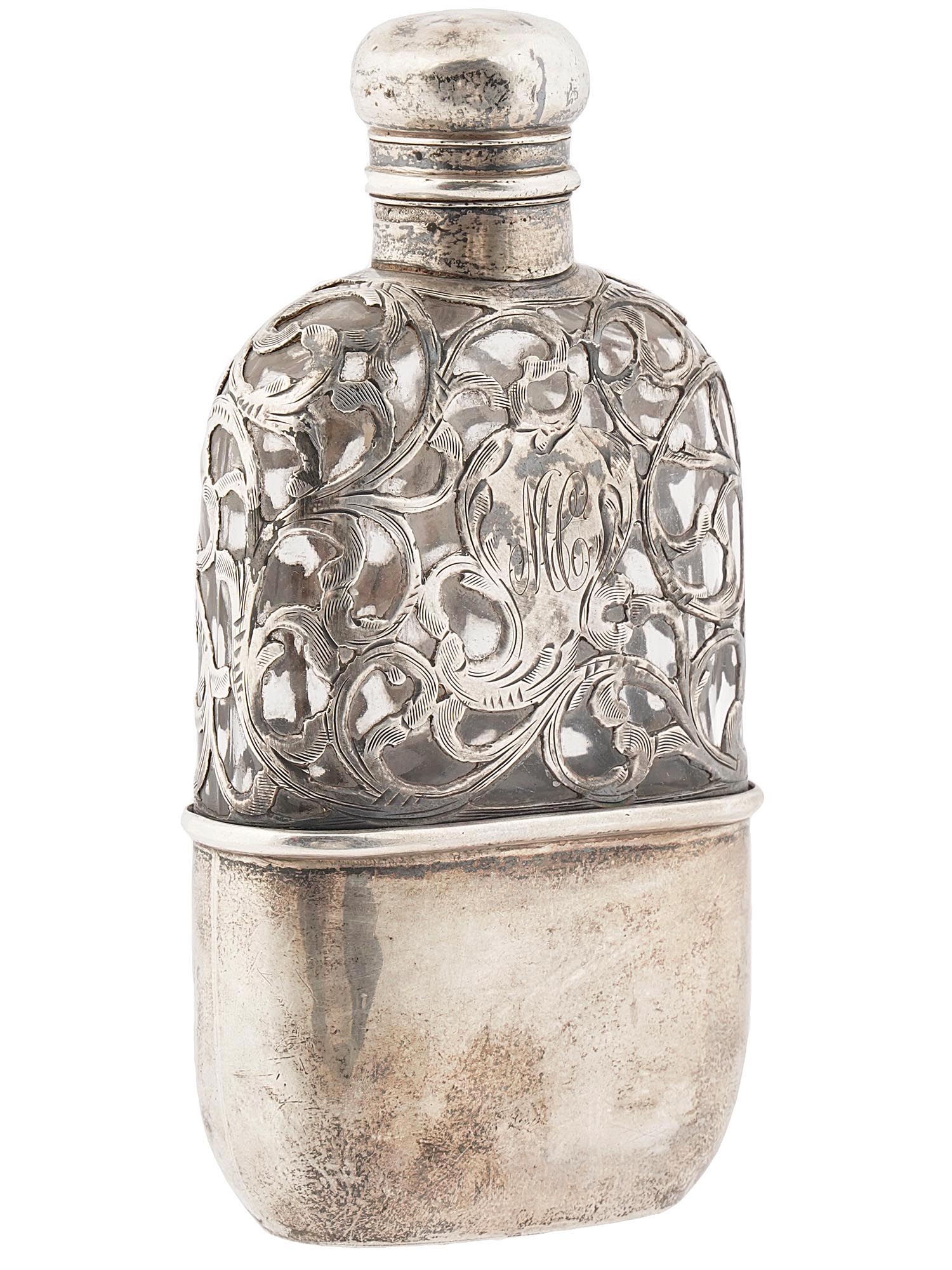 ANTIQUE AMERICAN ART NOUVEAU SILVER OVERLAY FLASK PIC-1