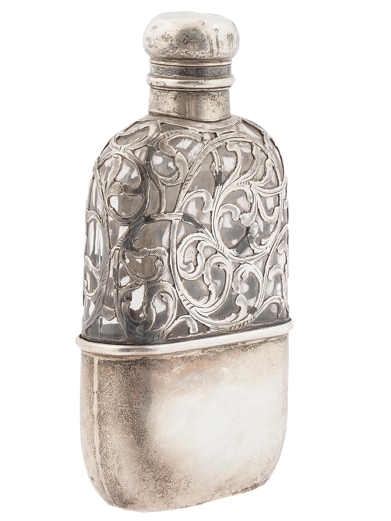 ANTIQUE AMERICAN ART NOUVEAU SILVER OVERLAY FLASK PIC-0