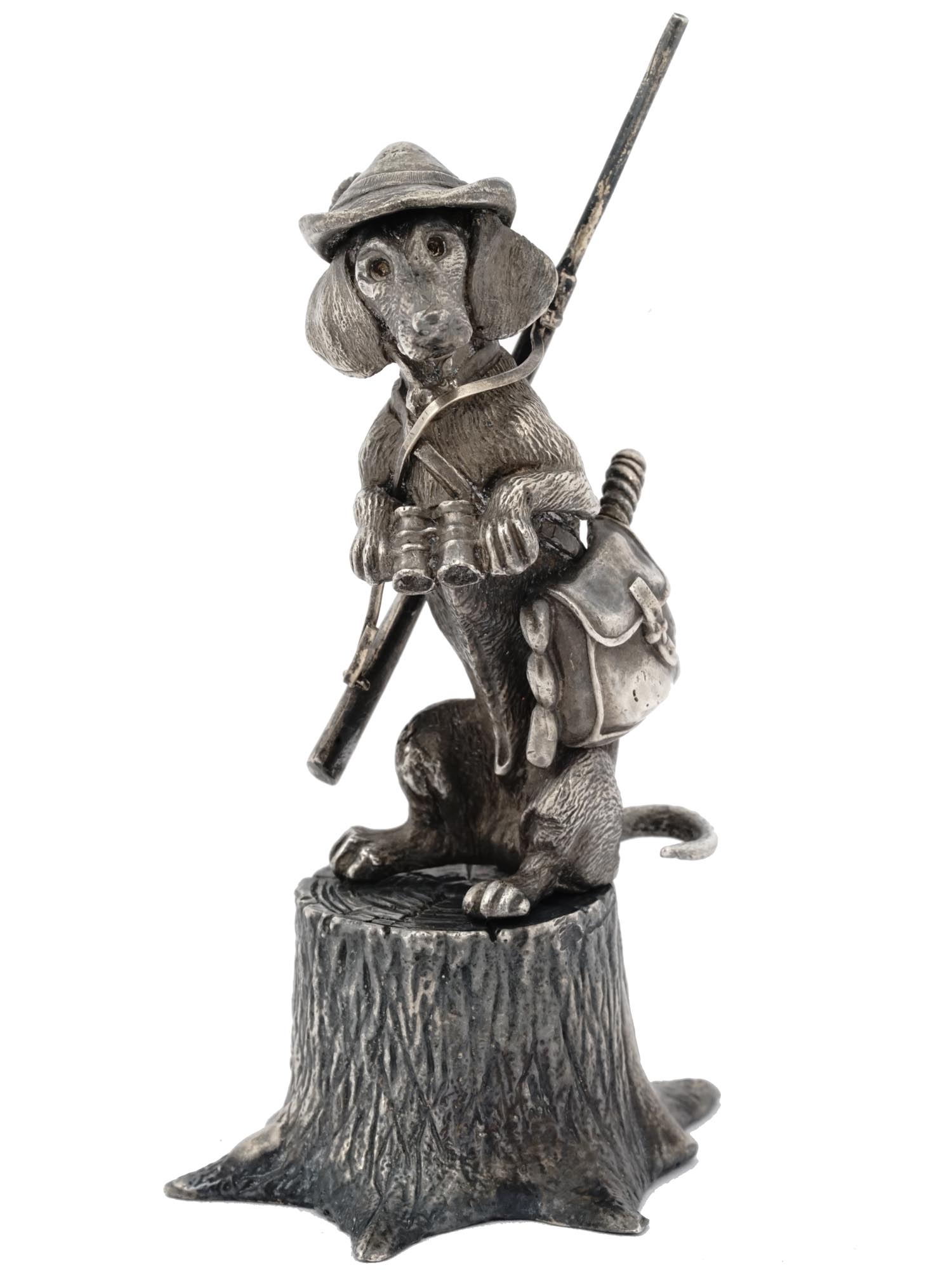 RUSSIAN SILVER FIGURINE OF A HUNTING DOG ON STUMP PIC-0