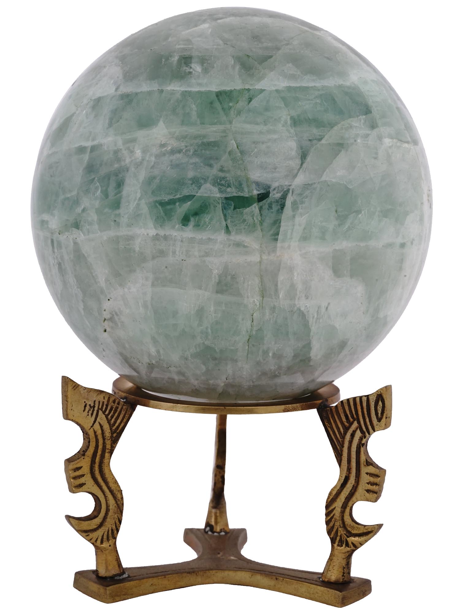 GREEN FLUORITE STONE SPHERE WITH GILT BRASS STAND PIC-0