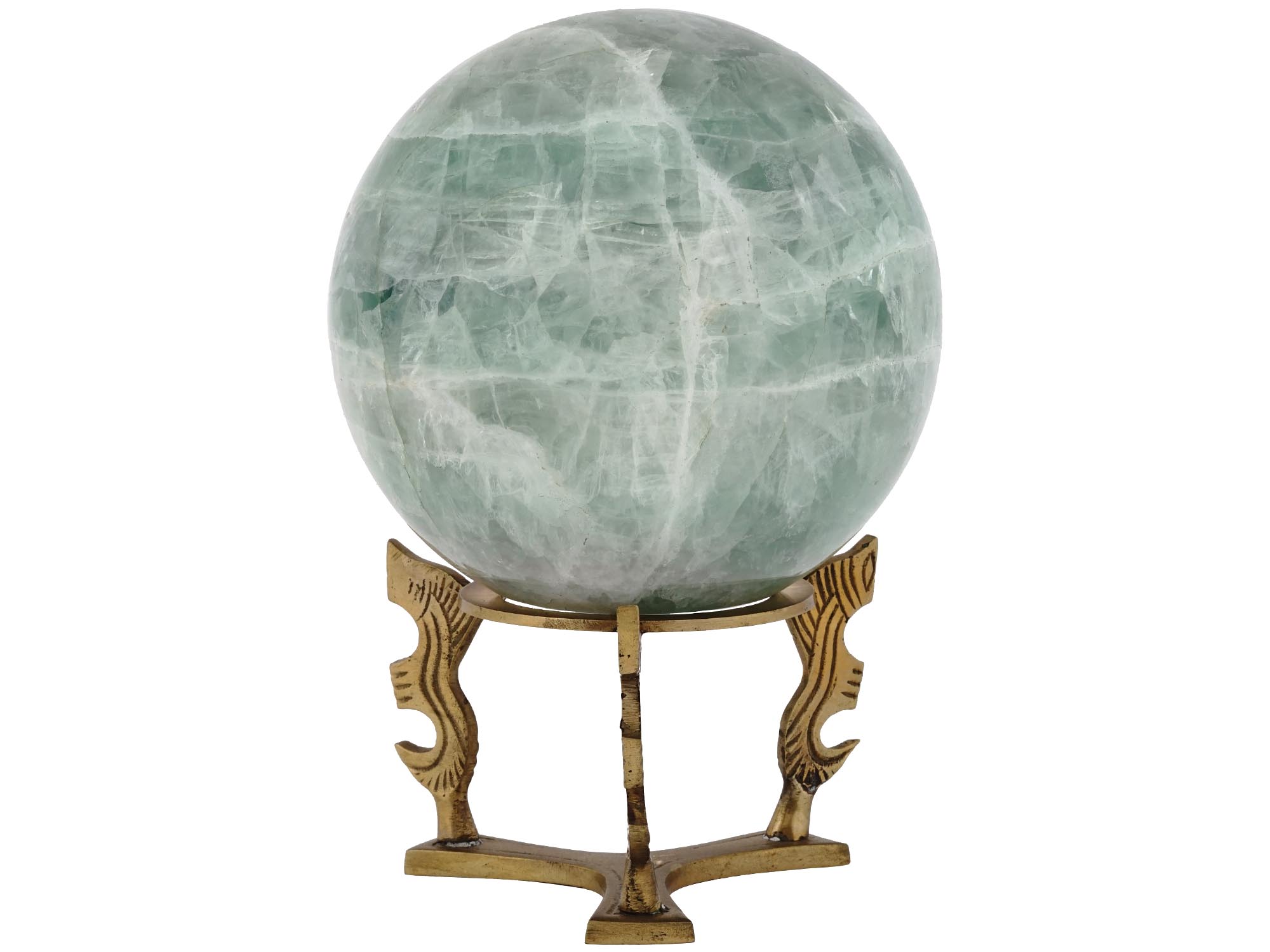 GREEN FLUORITE STONE SPHERE WITH GILT BRASS STAND PIC-1