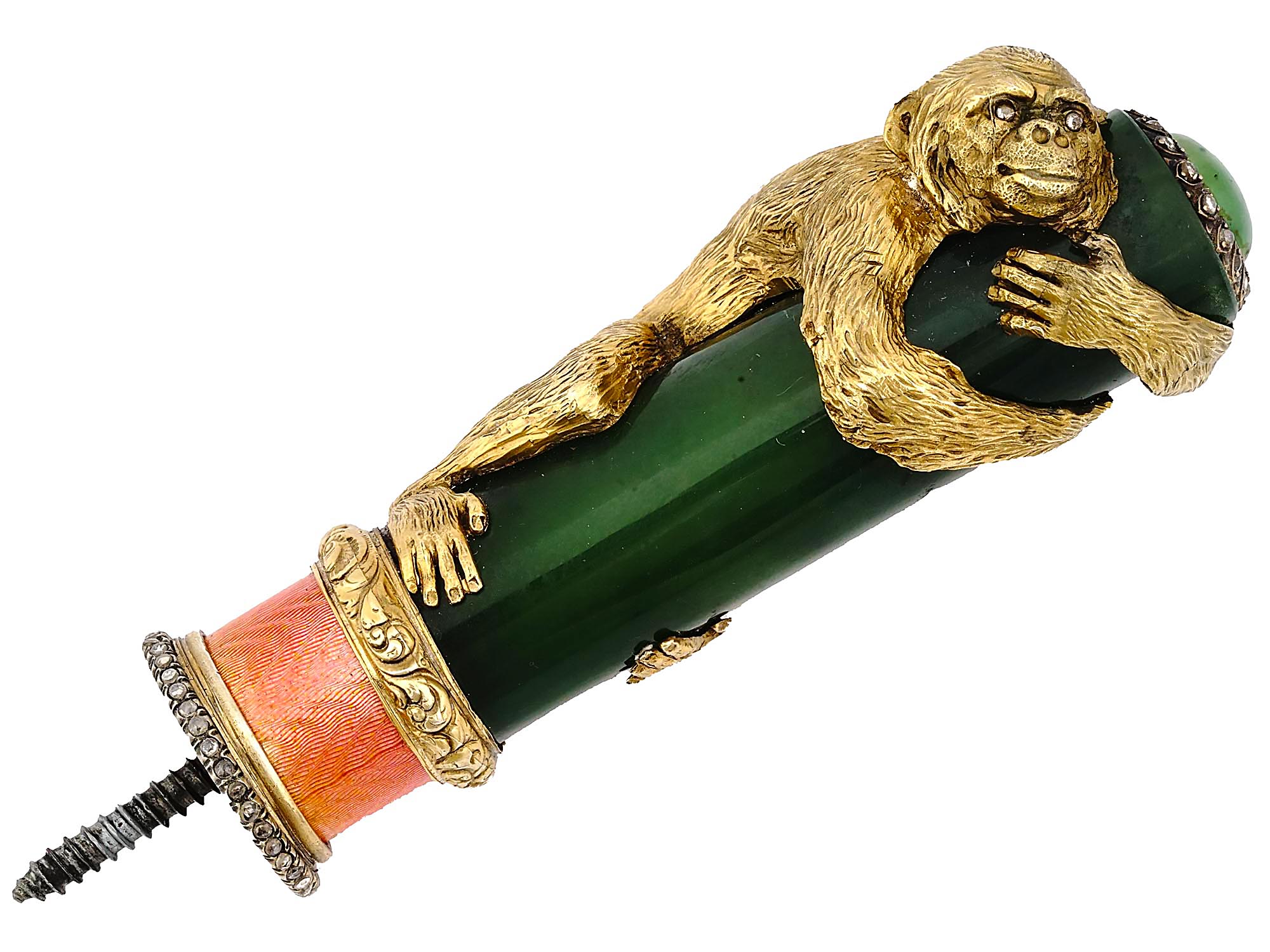 RUSSIAN SILVER JADE ENAMEL MONKEY CANE HANDLE PIC-0