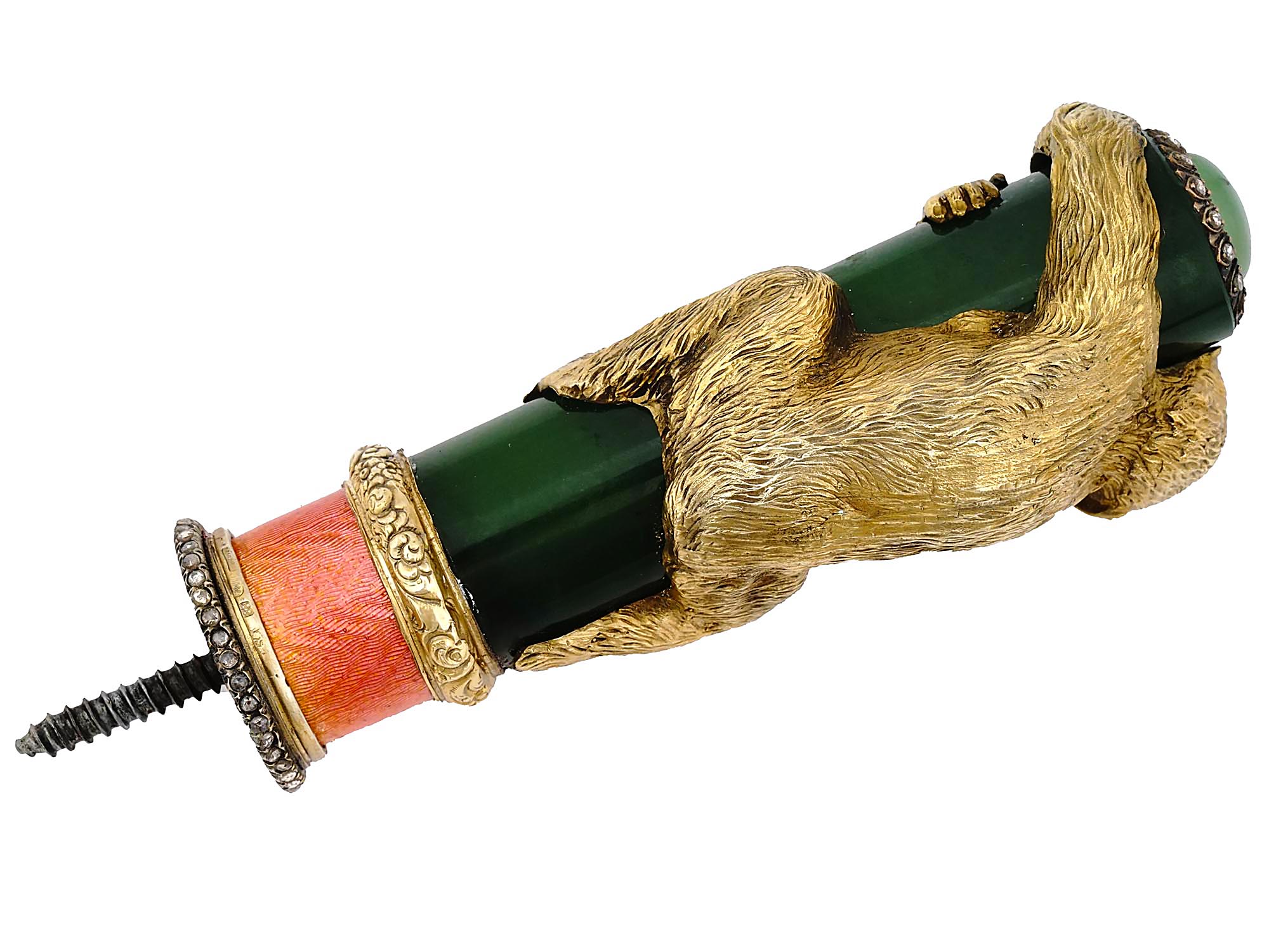 RUSSIAN SILVER JADE ENAMEL MONKEY CANE HANDLE PIC-2