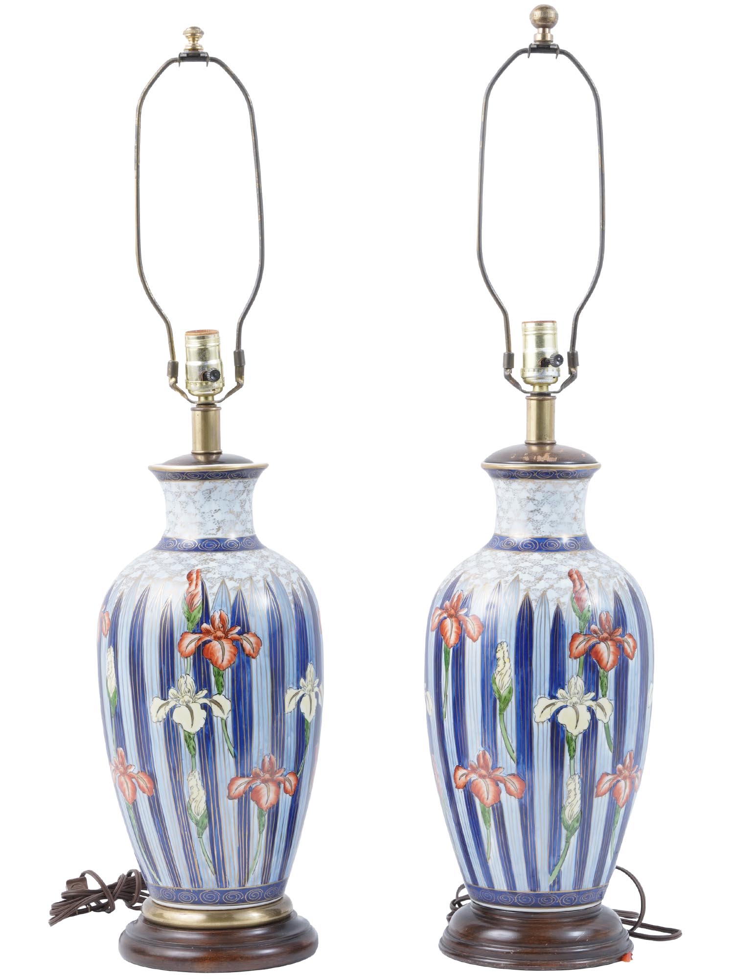 VINTAGE ASIAN PORCELAIN LAMPS WITH IRIS FLOWERS PIC-0