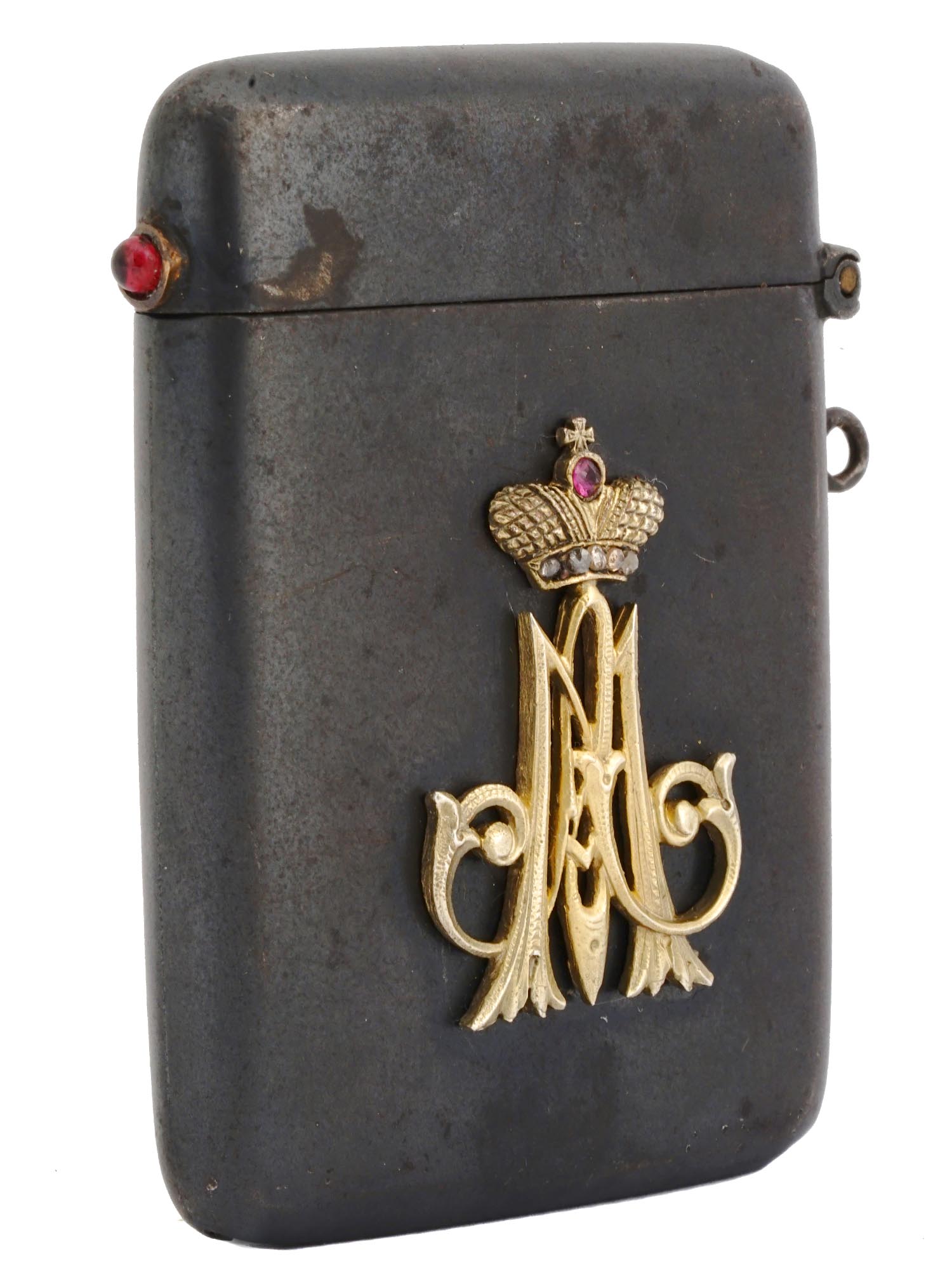 IMPERIAL RUSSIAN GUNMETAL MATCH SAFE WITH RUBIES PIC-0