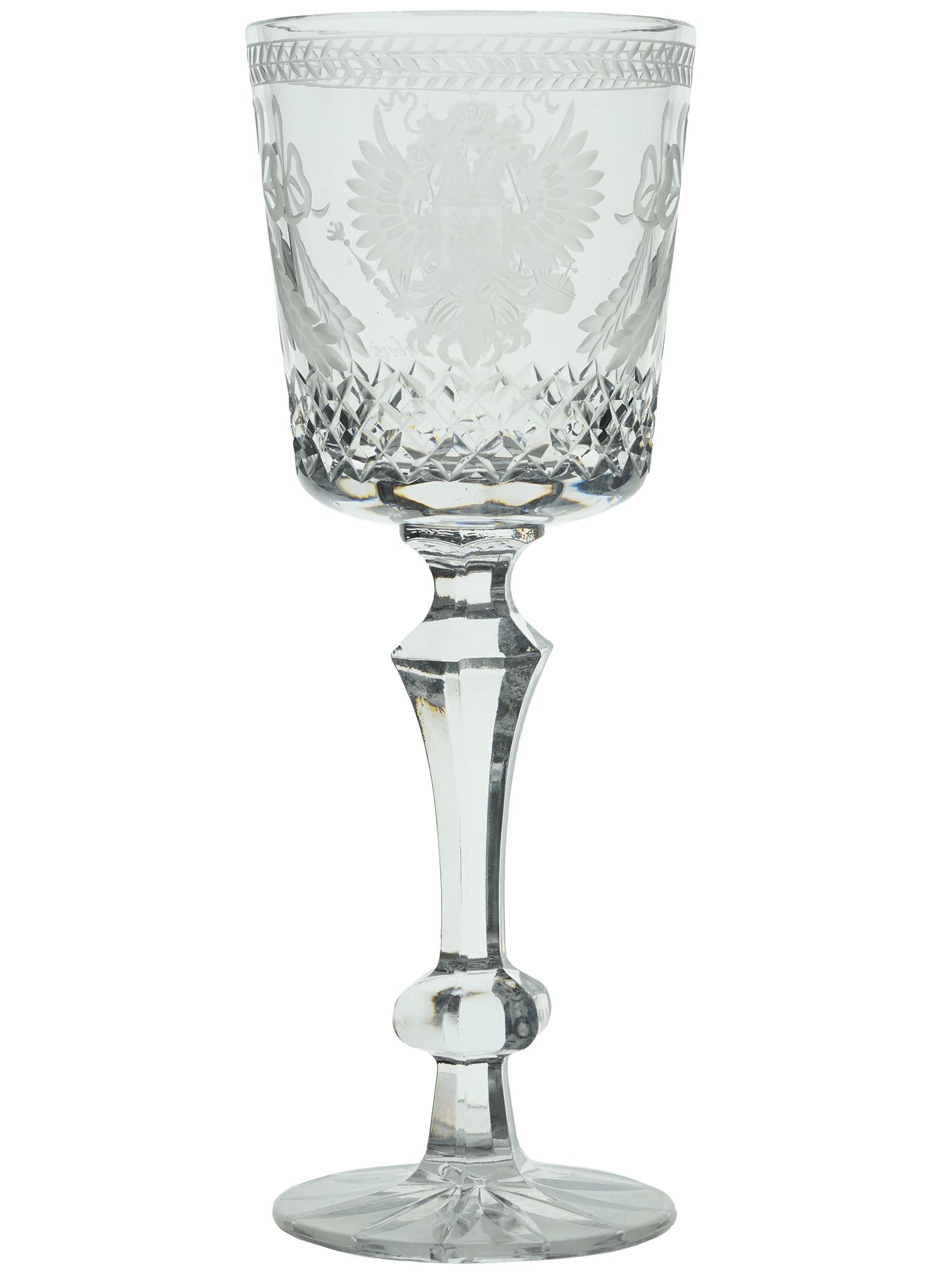 RUSSIAN IMPERIAL ETCHED AND CUT GLASS WINE GOBLET PIC-0