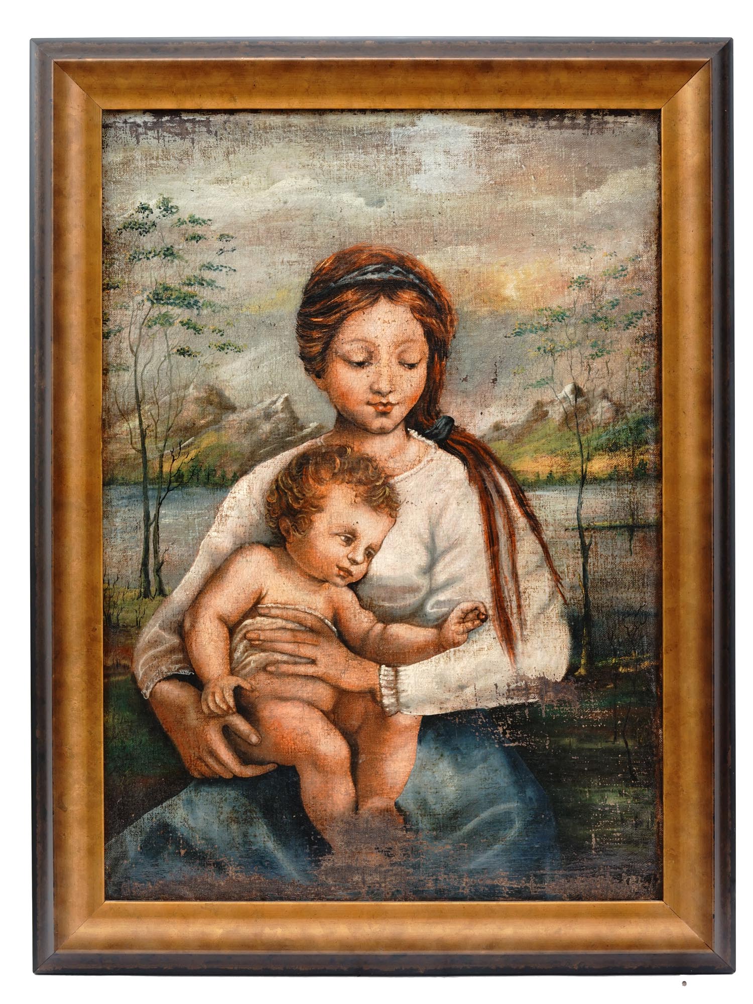MID CENTURY MADONNA AND CHILD PAINTING FRAMED PIC-0