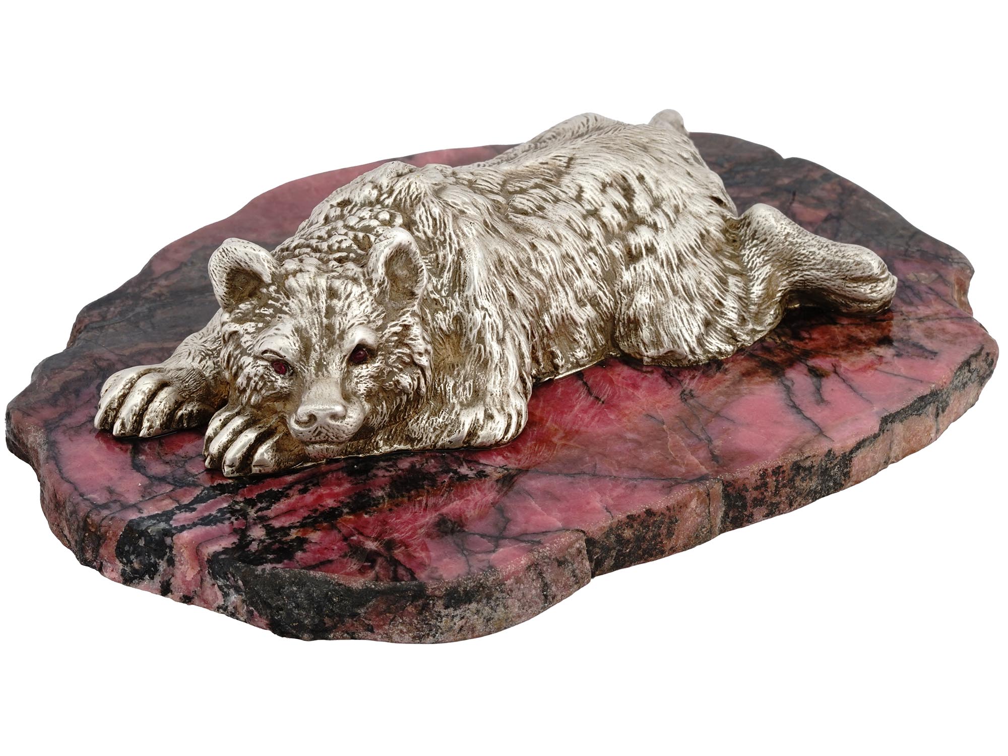 RUSSIAN SILVER BEAR FIGURINE ON RHODONITE BASE PIC-0