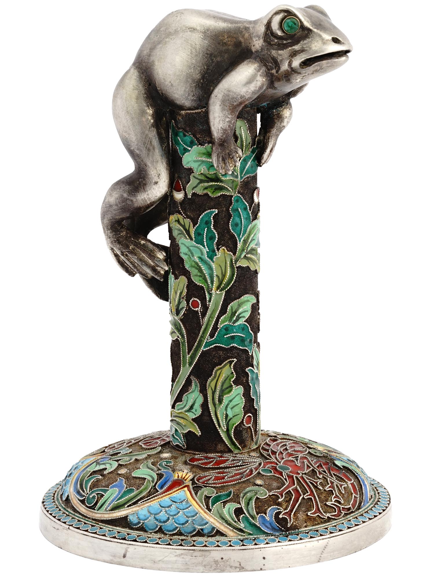 RUSSIAN SILVER FROG FIGURE ON SILVER ENAMEL STAND PIC-0