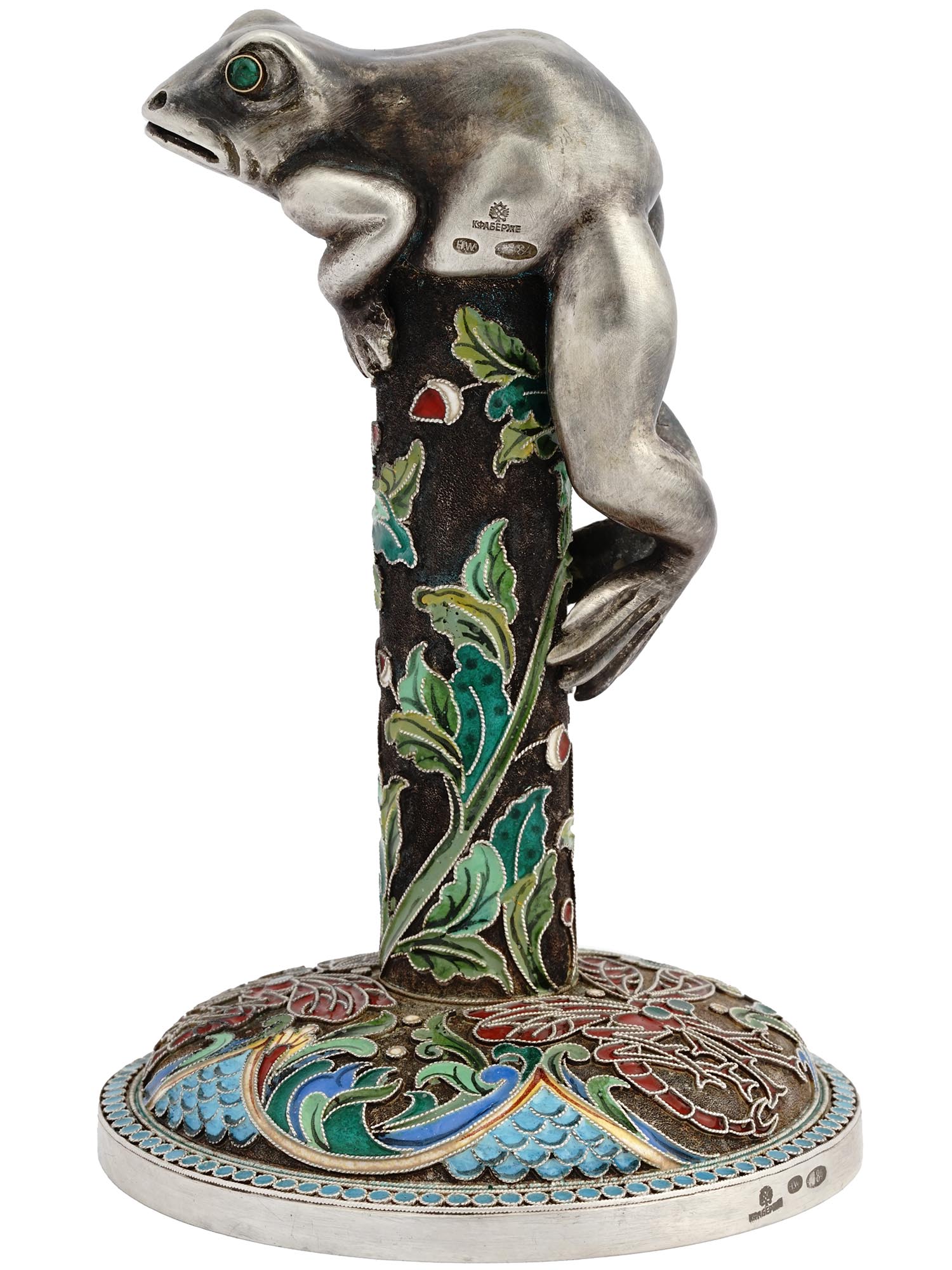 RUSSIAN SILVER FROG FIGURE ON SILVER ENAMEL STAND PIC-1