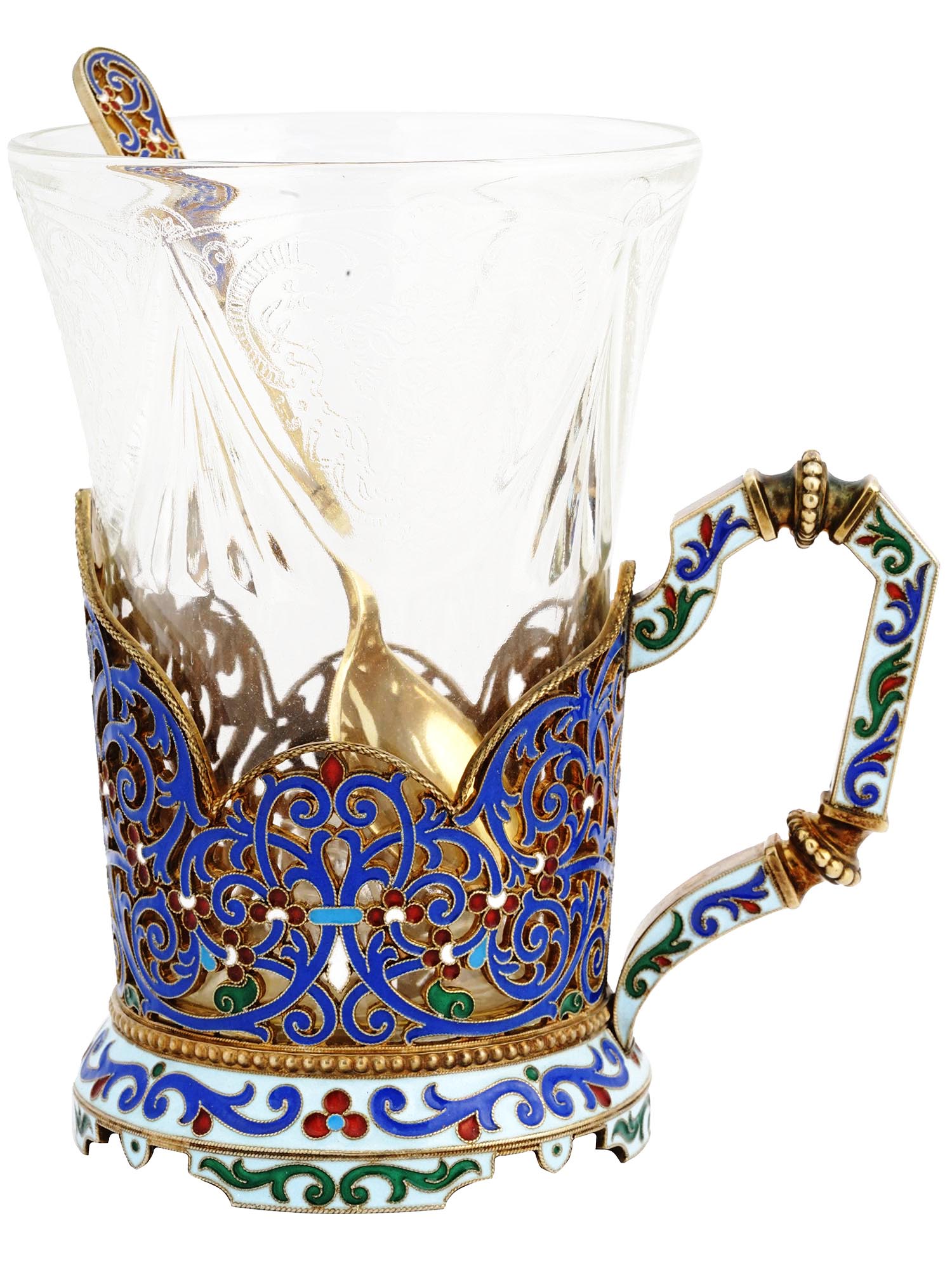 RUSSIAN SILVER ENAMEL TEA GLASS HOLDER WITH SPOON PIC-0