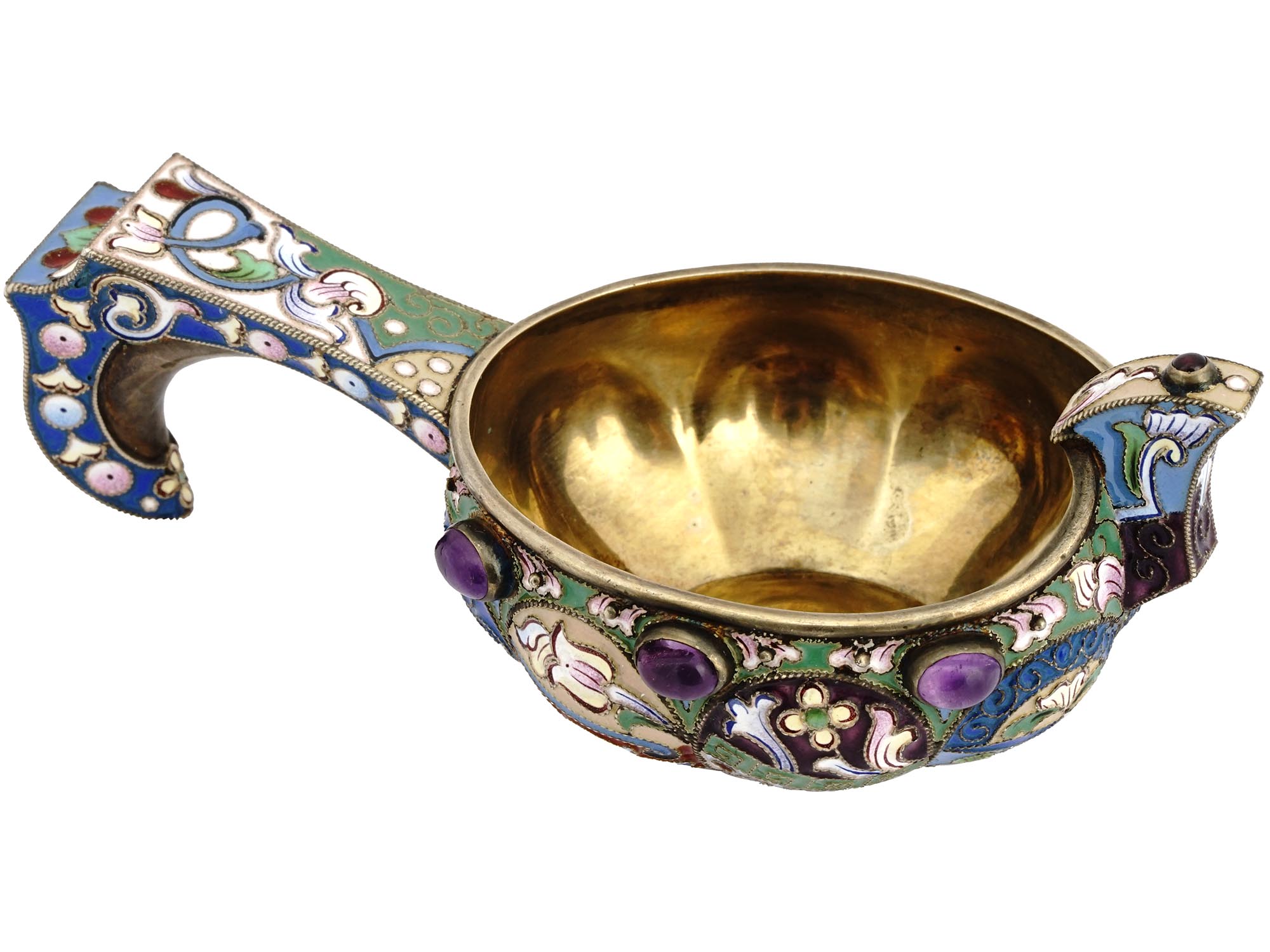 RUSSIAN SILVER GILT ENAMEL AND AMETHYST KOVSH PIC-0