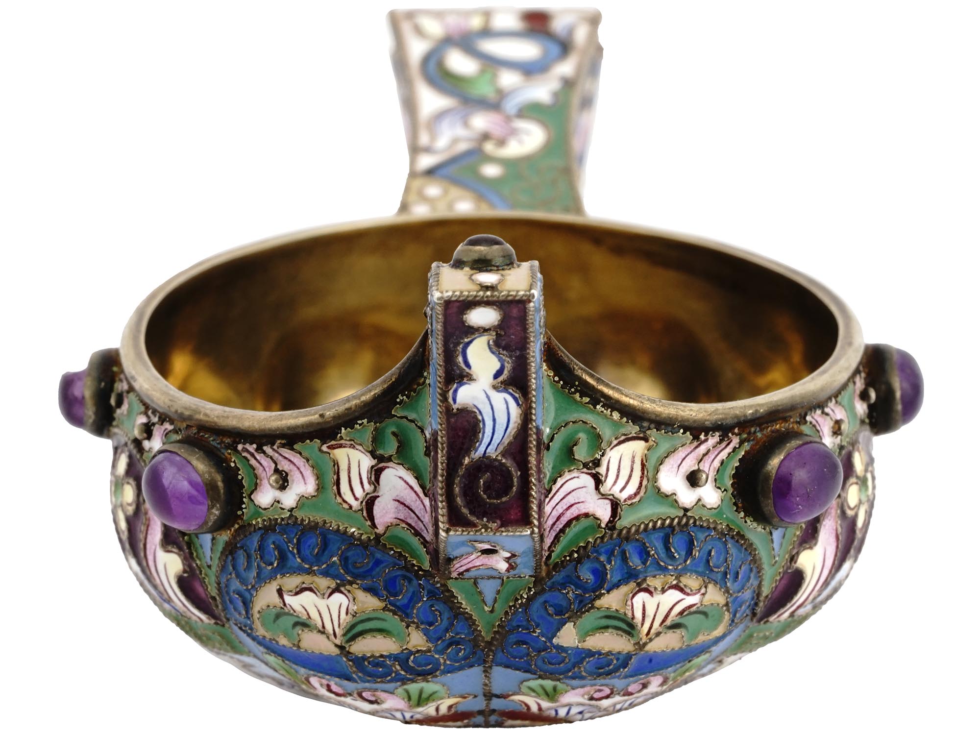 RUSSIAN SILVER GILT ENAMEL AND AMETHYST KOVSH PIC-2