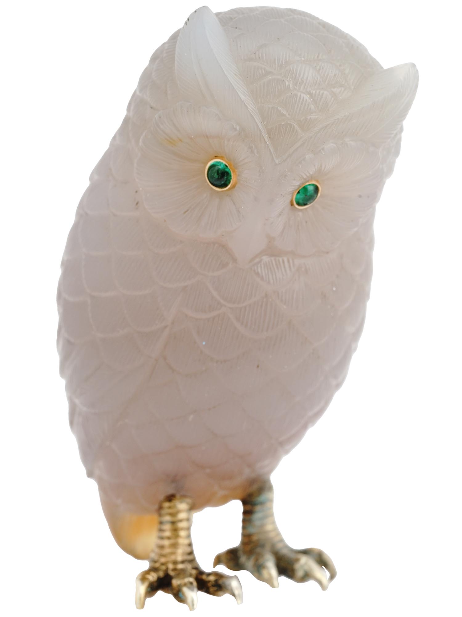 RUSSIAN HAND CARVED AGATE AND SILVER OWL FIGURINE PIC-0