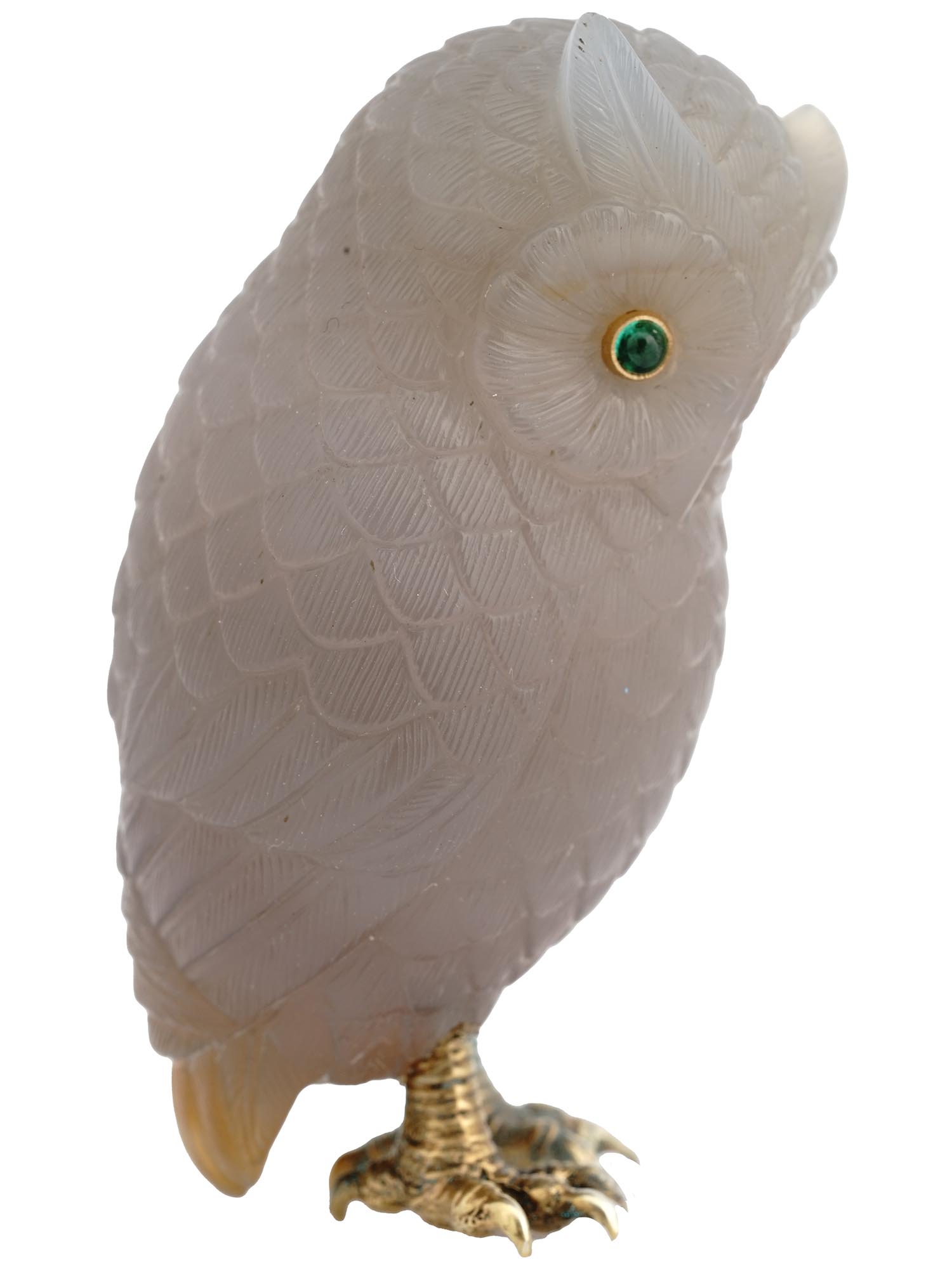 RUSSIAN HAND CARVED AGATE AND SILVER OWL FIGURINE PIC-1