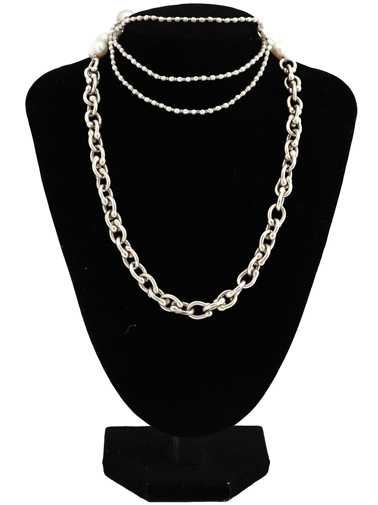VINTAGE STERLING SILVER AND PEARLS CHAIN NECKLACE PIC-0