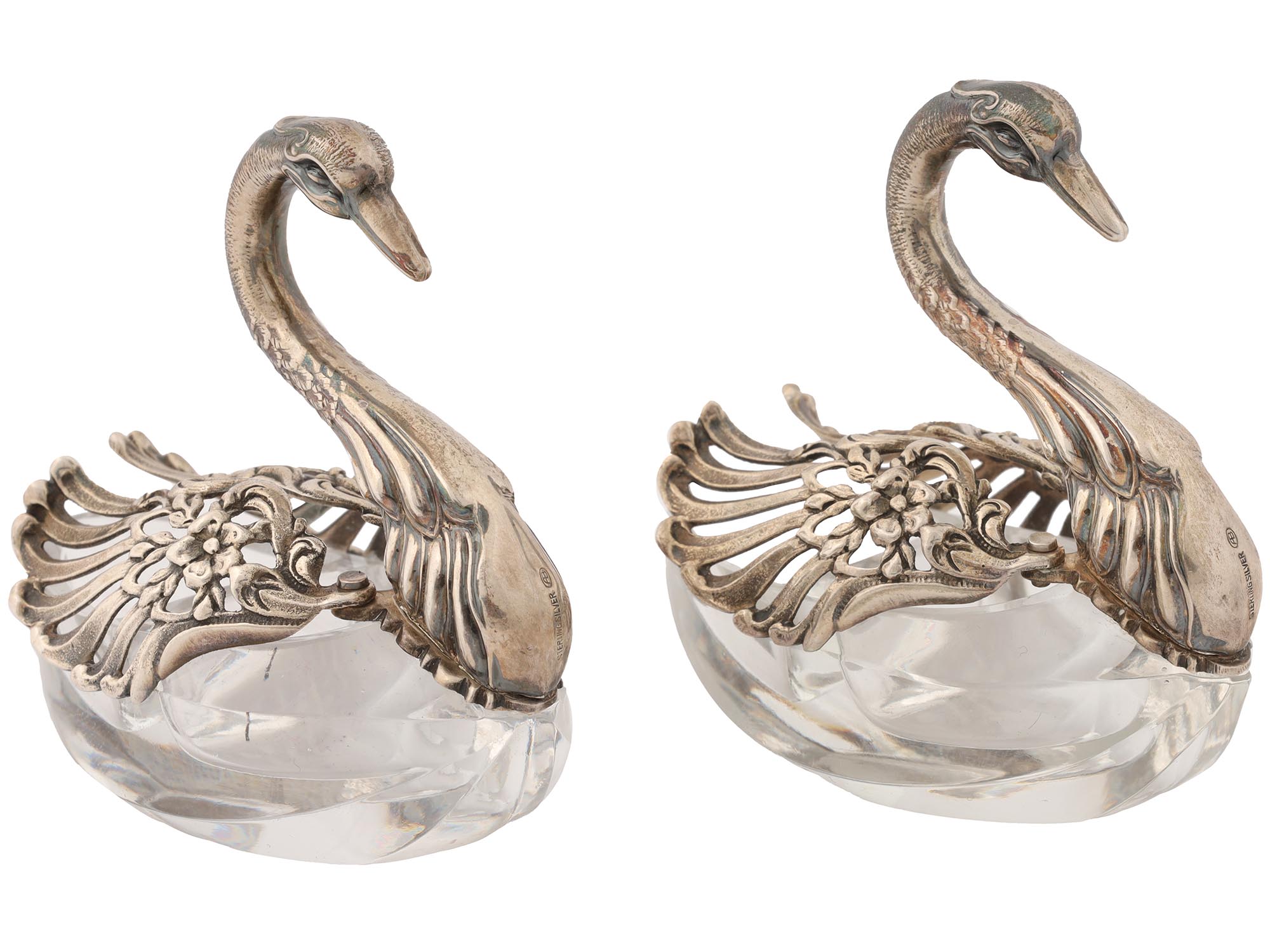 GERMAN STERLING SILVER CRYSTAL SWAN SALT CELLARS PIC-0