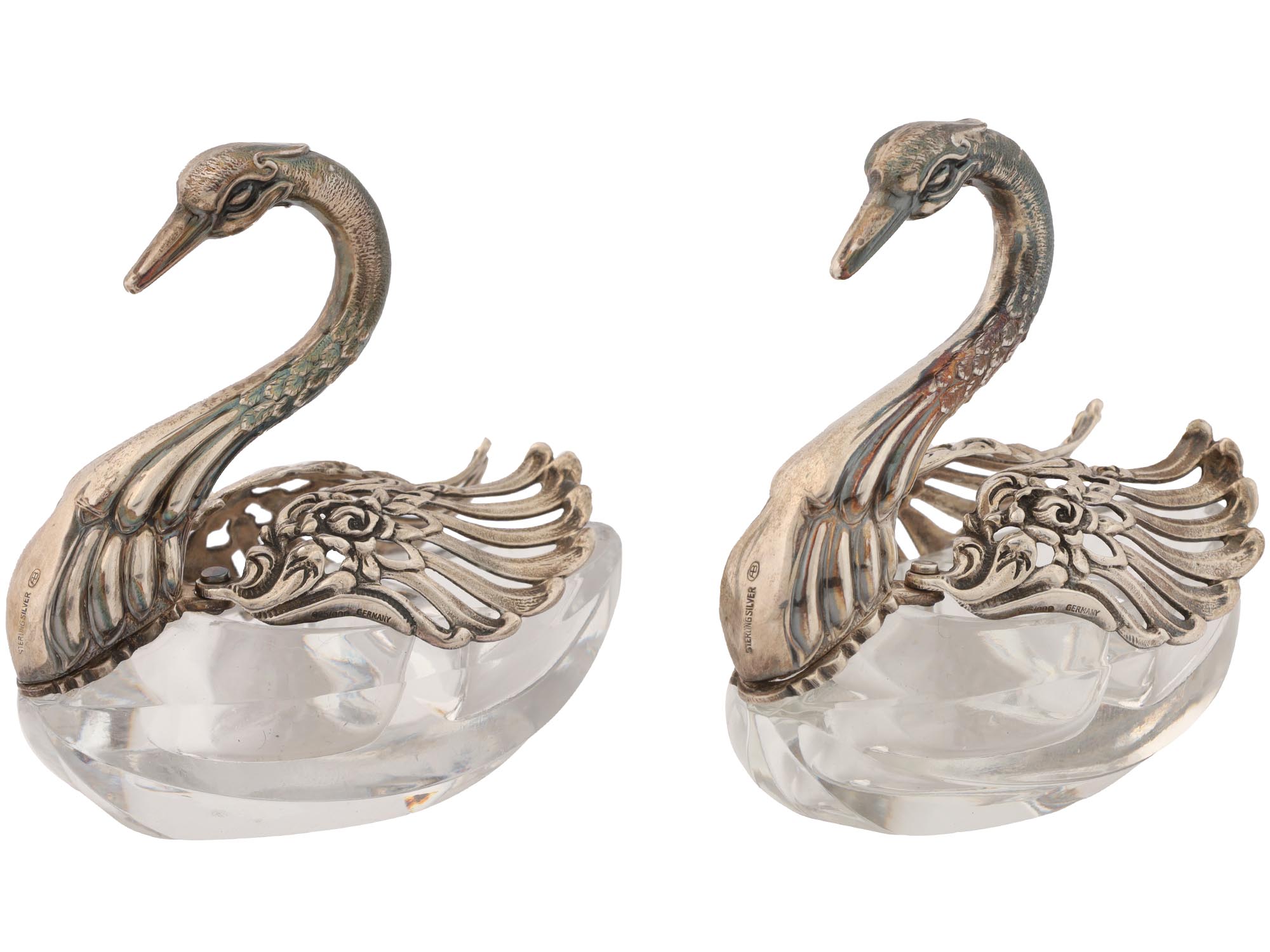 GERMAN STERLING SILVER CRYSTAL SWAN SALT CELLARS PIC-1