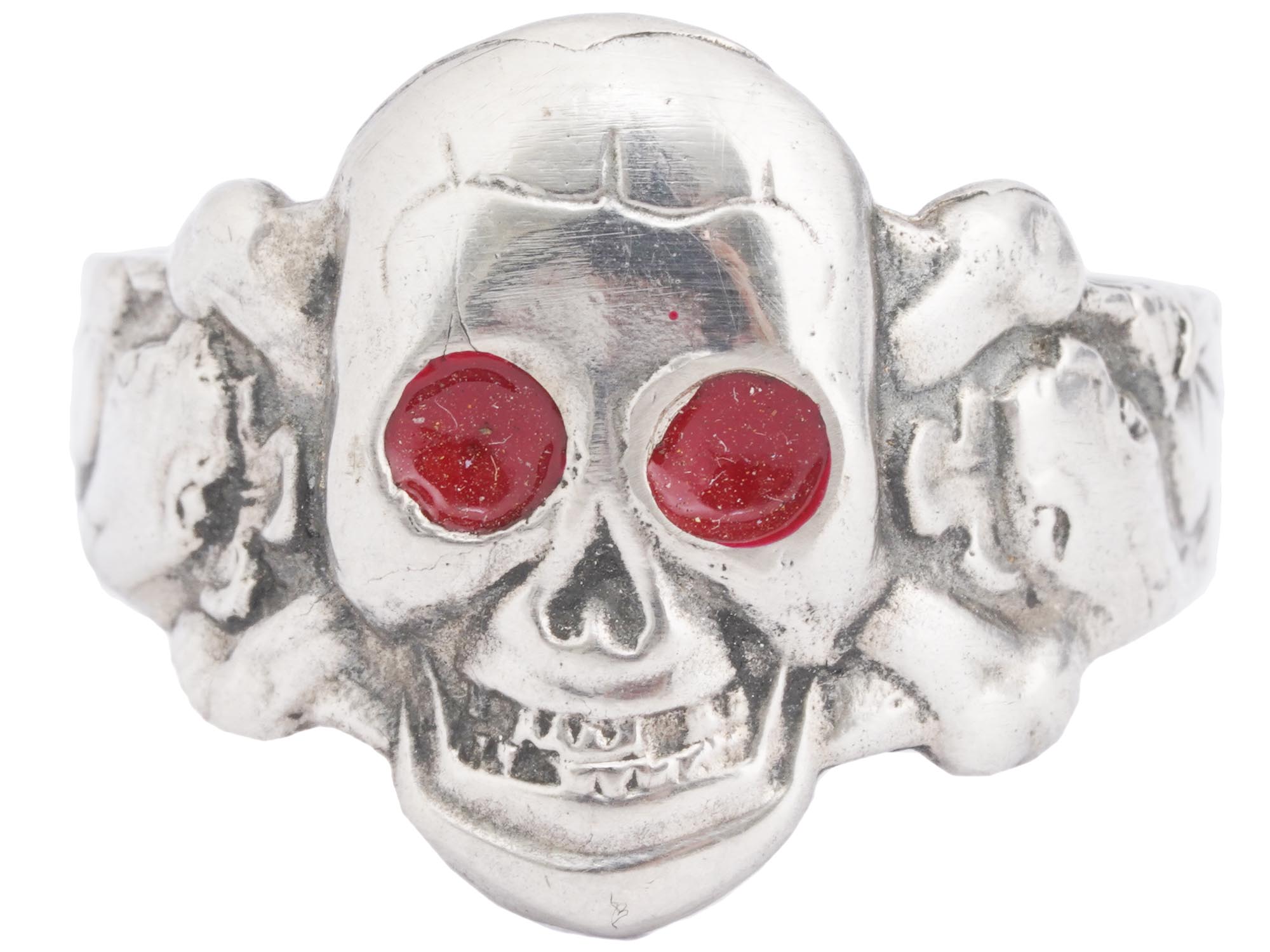 WWII NAZI GERMAN SS TOTENKOPF ENAMEL SILVER RING PIC-0