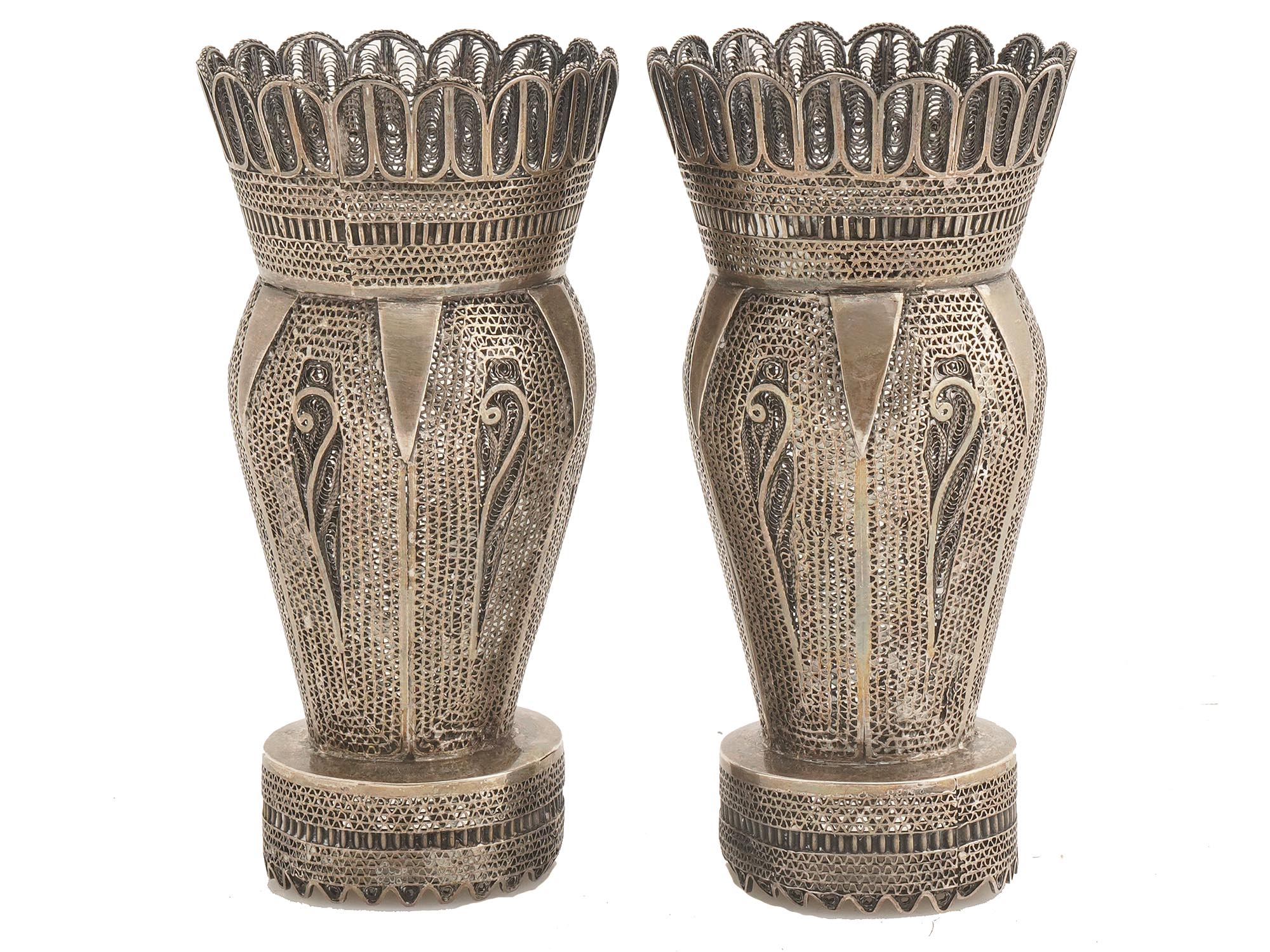 PAIR OF ANTIQUE PERSIAN SILVER FILIGREE VASES PIC-0