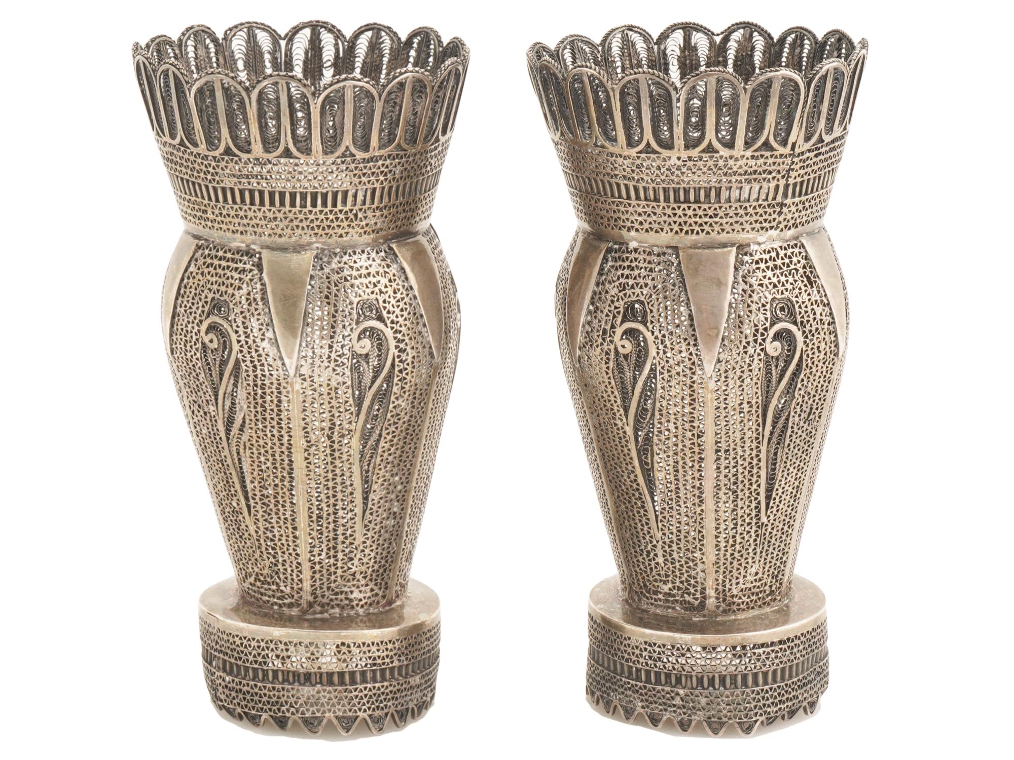 PAIR OF ANTIQUE PERSIAN SILVER FILIGREE VASES PIC-1