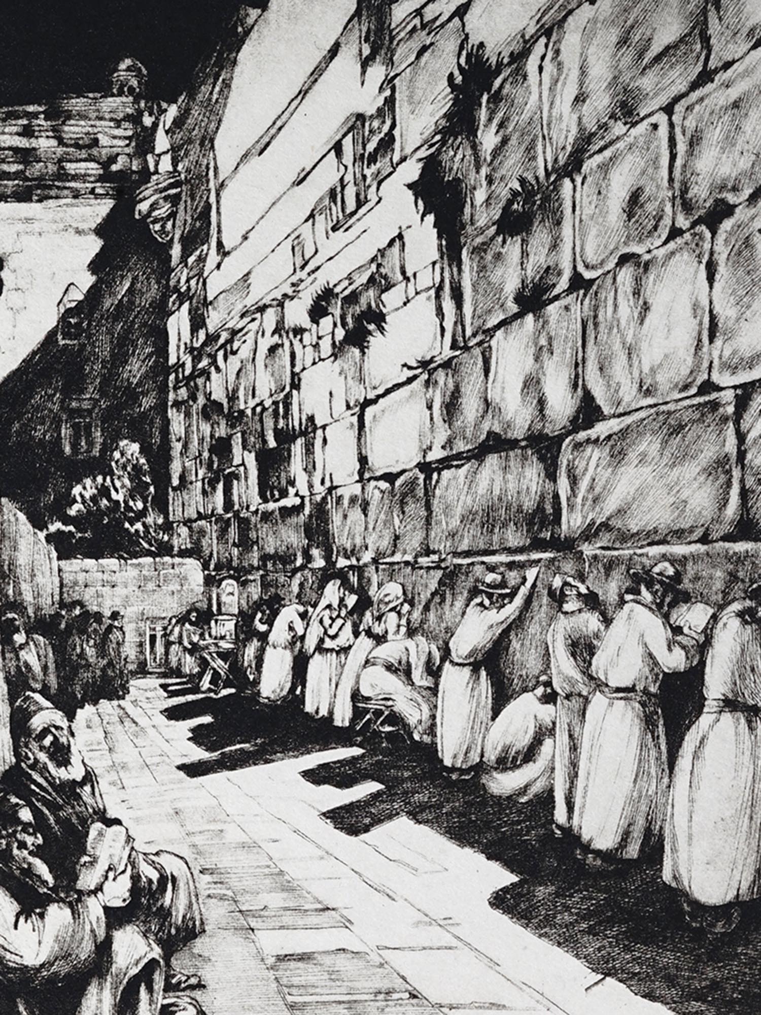 JUDAICA ETCHING WAILING WALL IN JERUSALEM SIGNED PIC-2