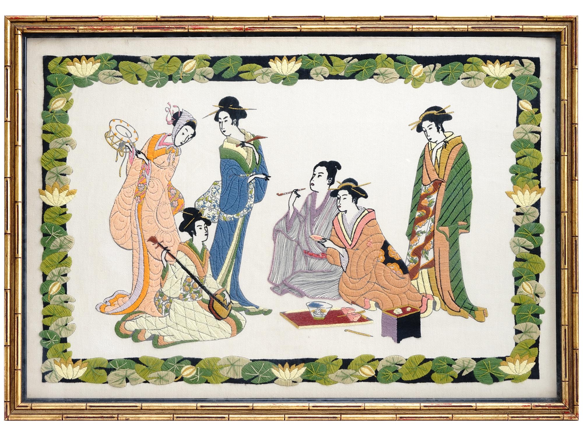 ANTIQUE JAPANESE GEISHA HAND EMBROIDERED PAINTING PIC-0