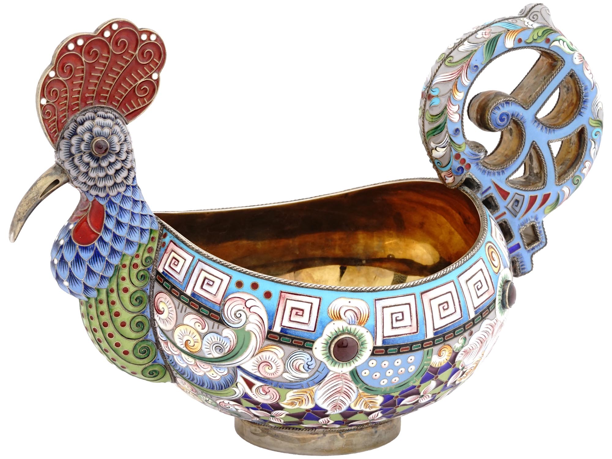 RUSSIAN SILVER ENAMEL KOVSH IN FORM OF COCKEREL PIC-0