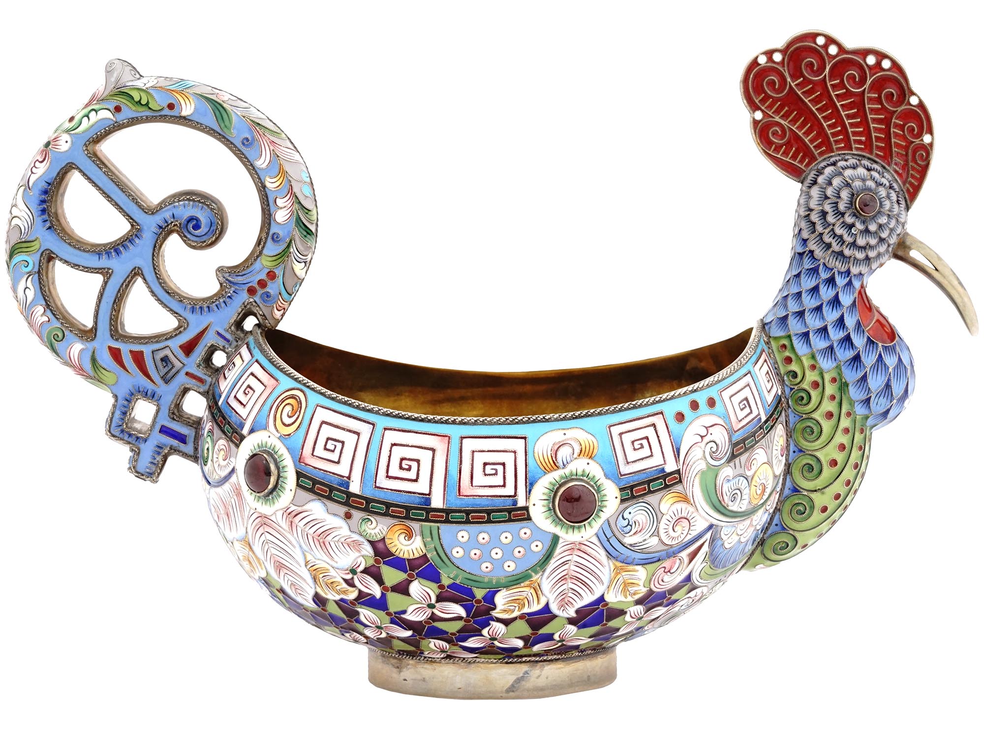 RUSSIAN SILVER ENAMEL KOVSH IN FORM OF COCKEREL PIC-2