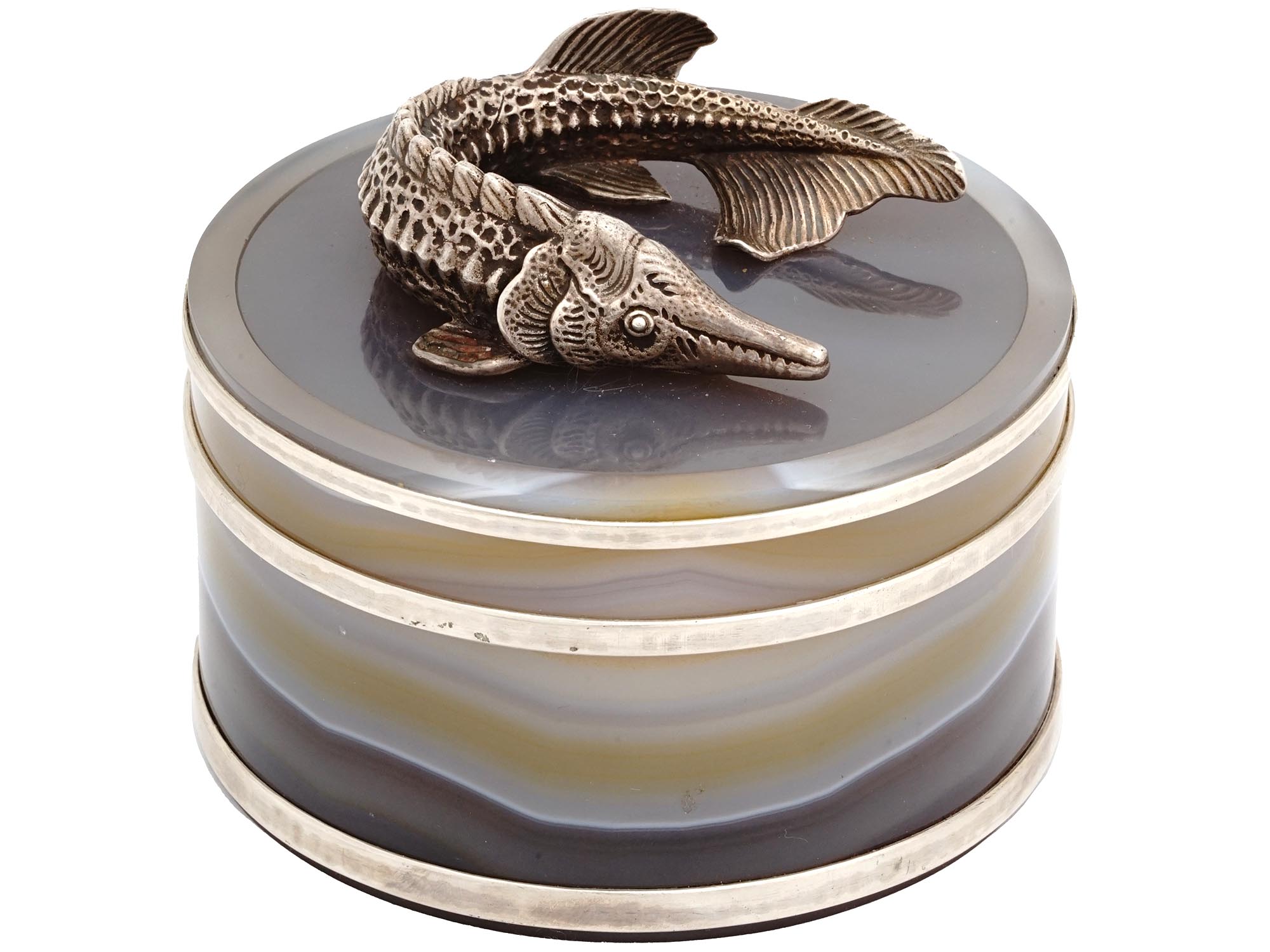 RUSSIAN SILVER CARVED AGATE STURGEON CAVIAR JAR PIC-0