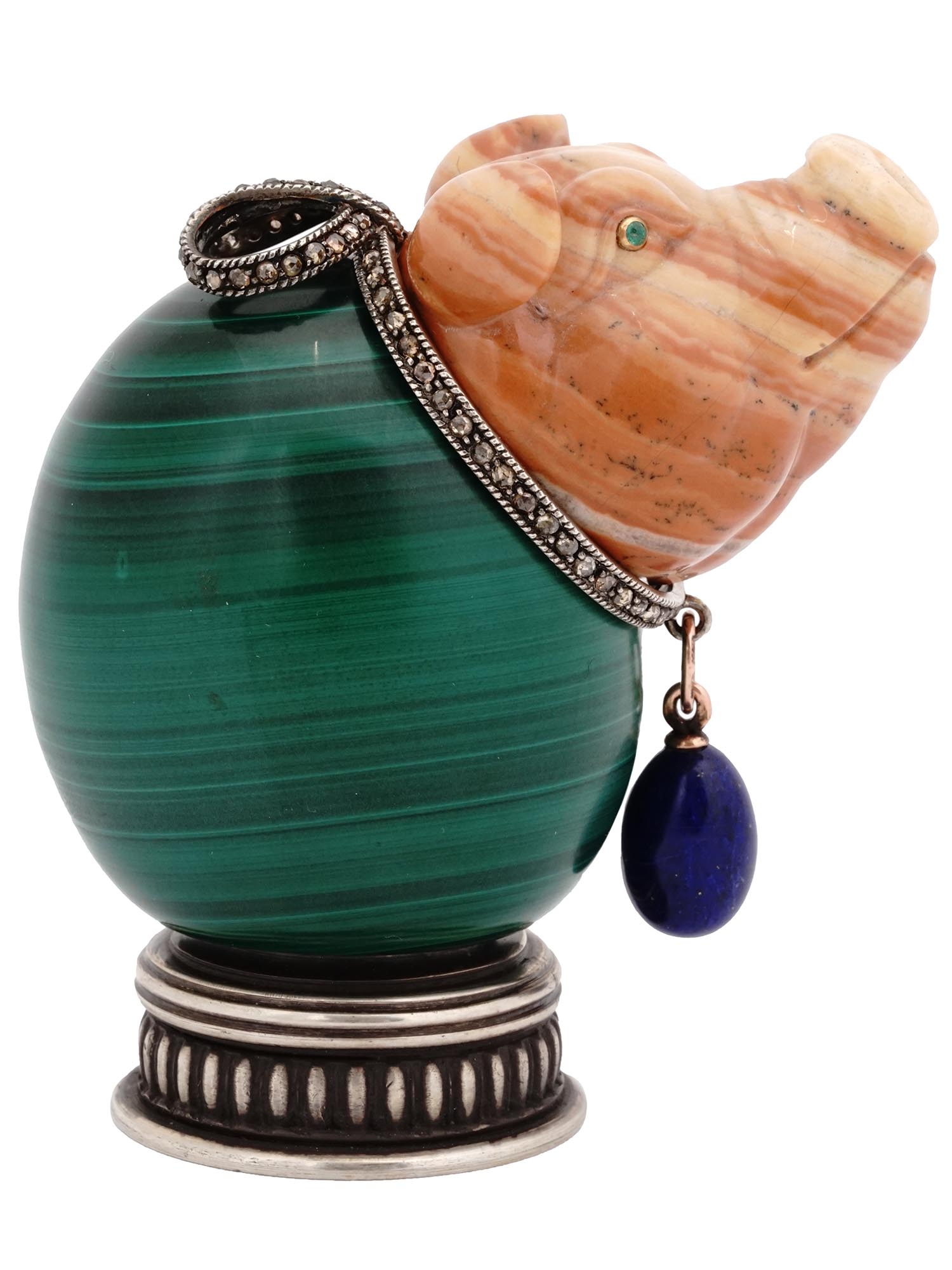 RUSSIAN SILVER MALACHITE EGG WITH JASPER PIG HEAD PIC-2