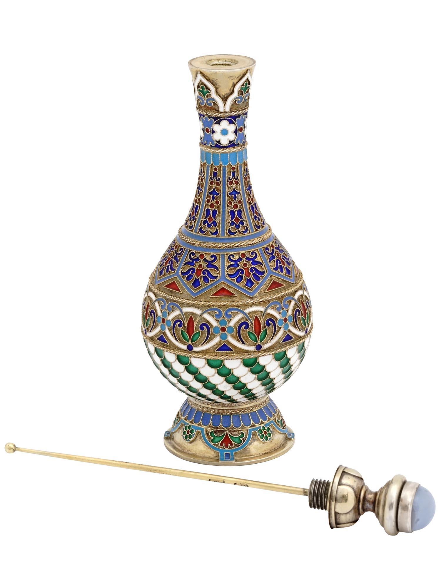 LARGE RUSSIAN GILT SILVER ENAMEL PERFUME BOTTLE PIC-1