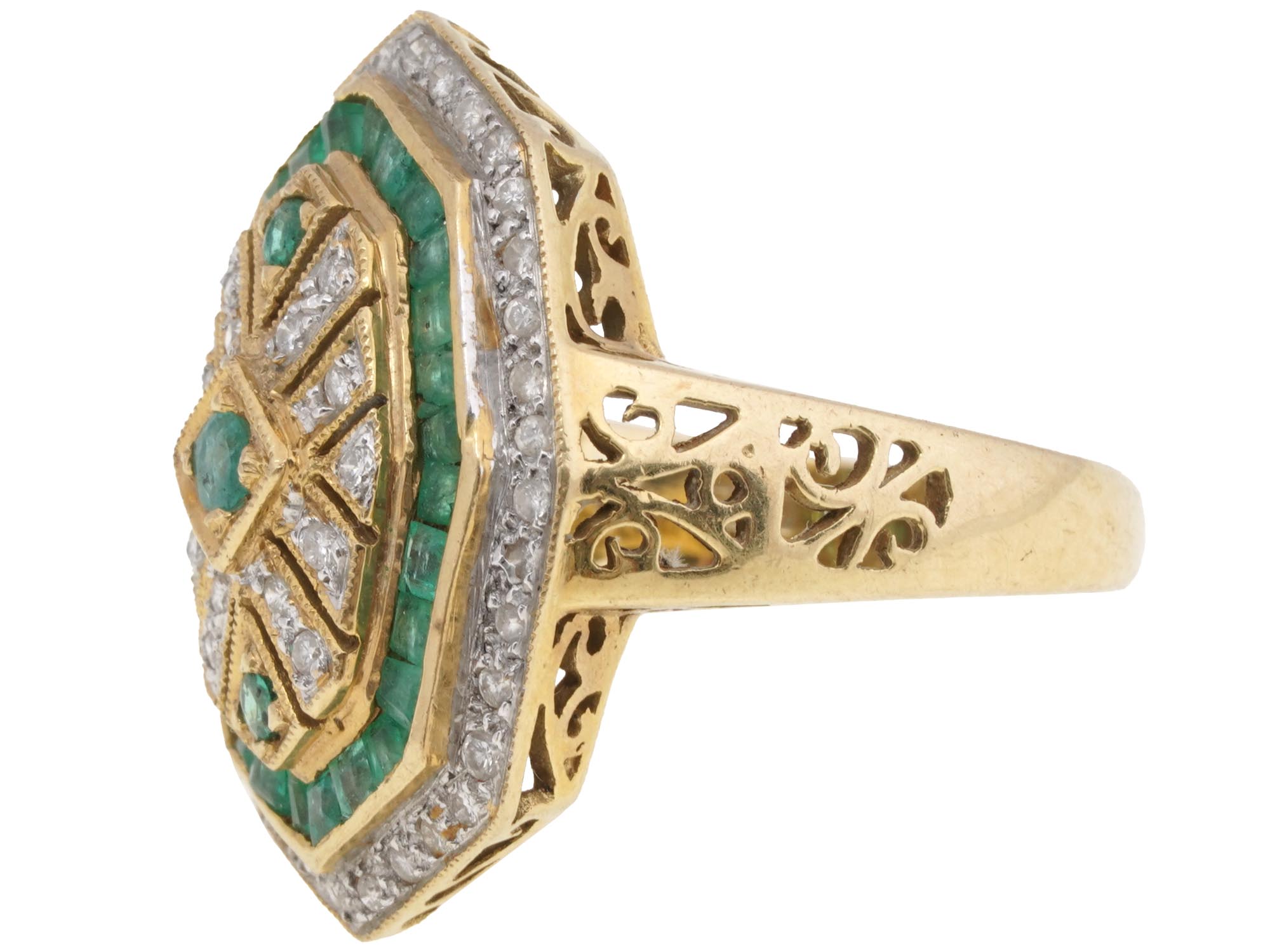 VINTAGE 18K GOLD EMERALD DIAMOND STATEMENT RING PIC-1