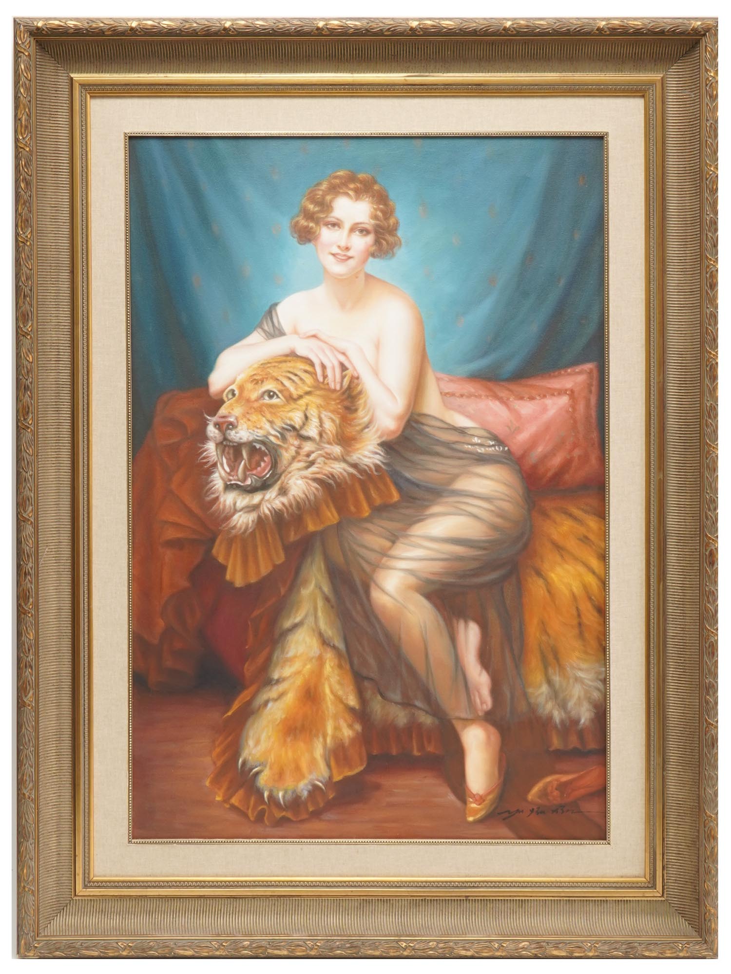 WOMAN WITH TIGER OIL PAINTING AFTER MARTIN-KAVEL PIC-0