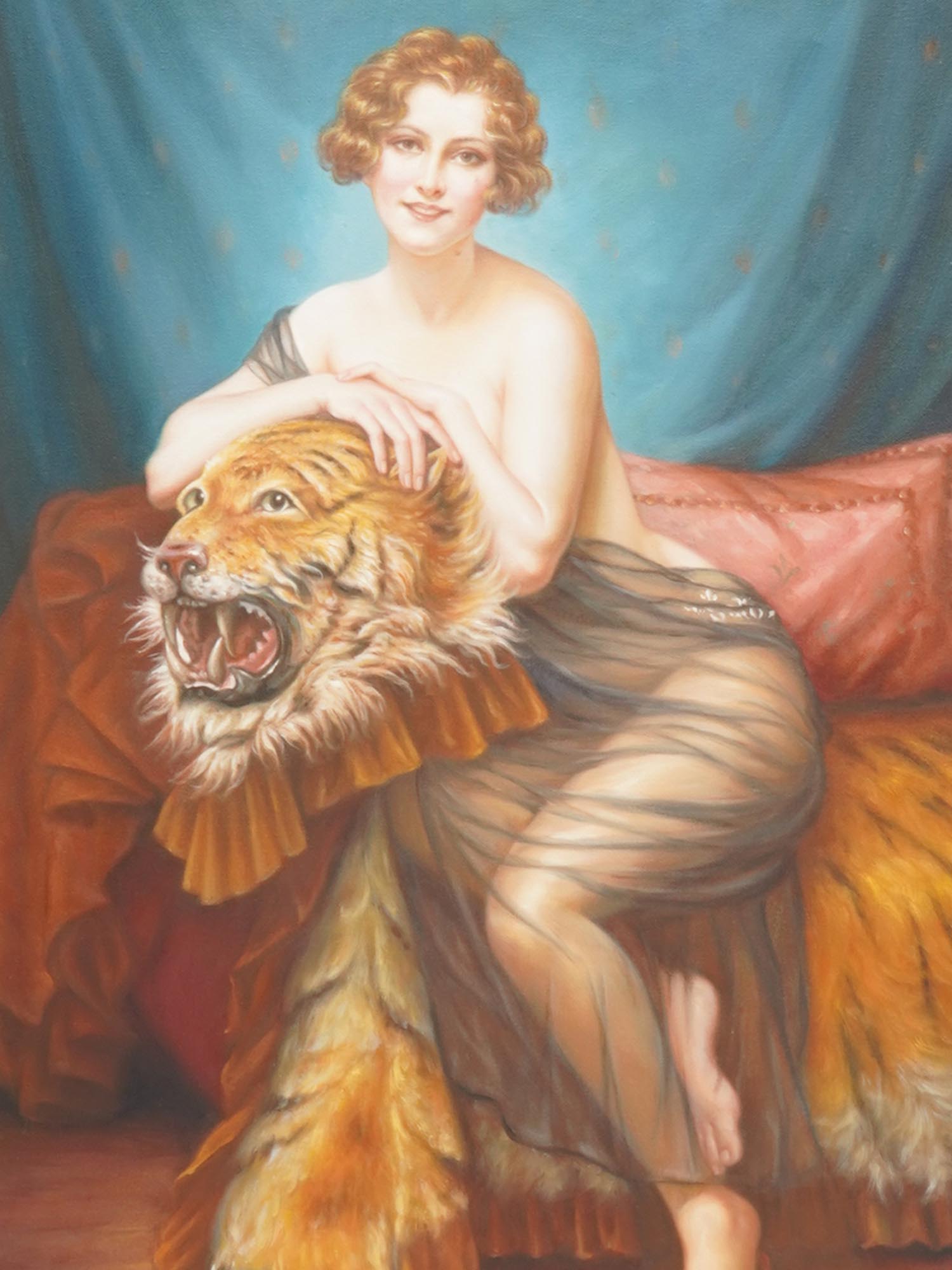 WOMAN WITH TIGER OIL PAINTING AFTER MARTIN-KAVEL PIC-1