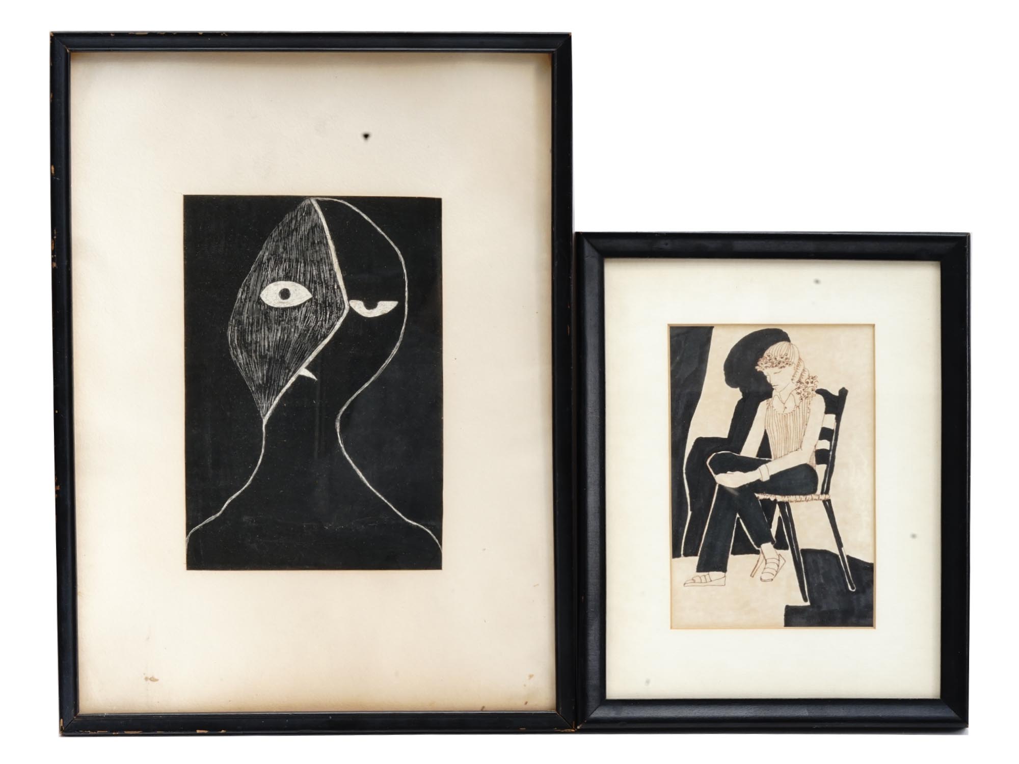 VINTAGE ABSTRACT MIXED MEDIA DRAWINGS IN FRAMES