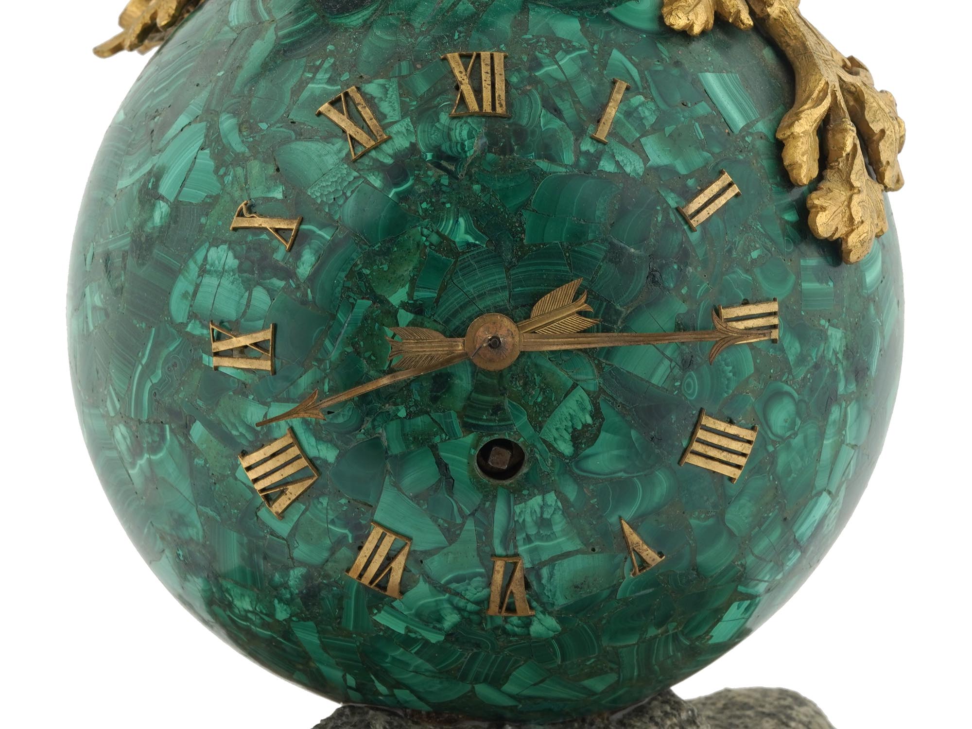 ANTIQUE FRENCH BRONZE AND MALACHITE MANTLE CLOCK PIC-3