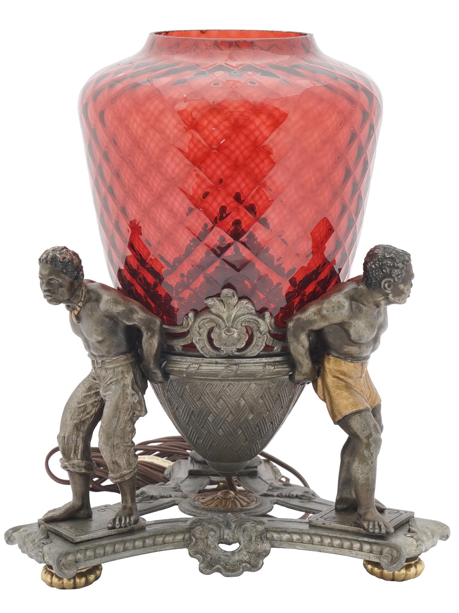 ANTIQUE ART DECO RED GLASS ELECTRIC TABLE LAMP PIC-0